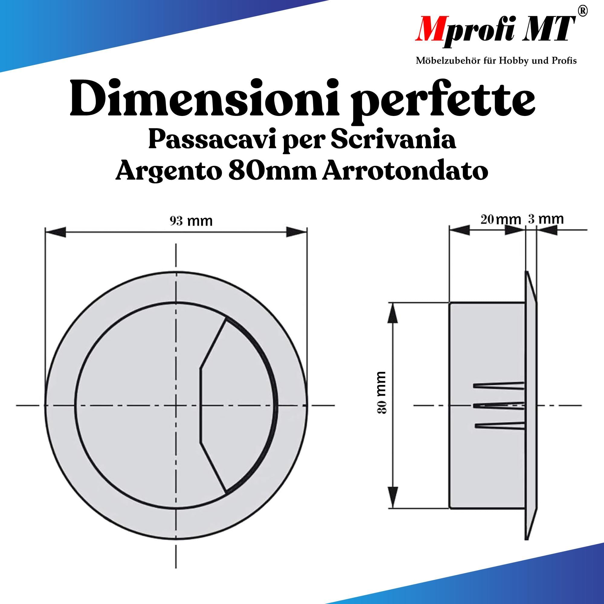Mprofi MT® 2 Pezzi | Passacavi per Scrivania Argento Ø80mm | Organizzatore per Mobili per Ufficio | Passacavi in Plastica | Organizzatore per Scrivania | Scatola Cavi | Tappo Passacavi Per Scrivania