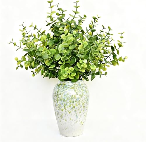 13" Artificial Eucalyptus Stems in Green & Blue Speckled Ceramic Vase, Table Centerpiece for Home Décor, Fake Eucalyptus Plant Arrangement for Living Room, Office, Farmhouse & Wedding Decorations