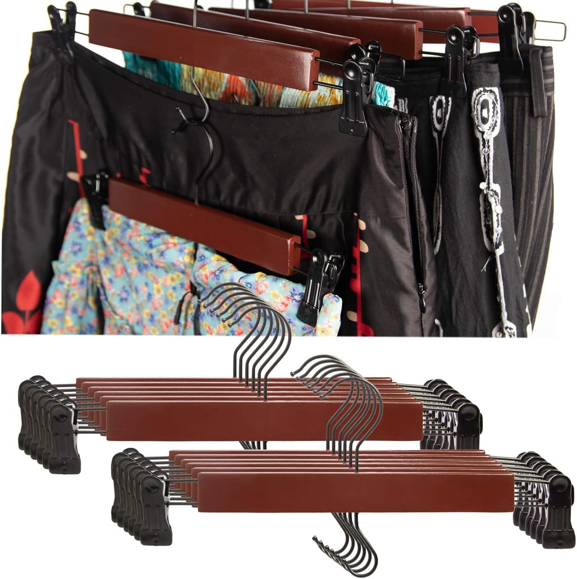 12 Pack, Wood Hangers with Clips Wooden Hangers Cherry: Clothes Hangers, Pant Hangers, Tie Hanger