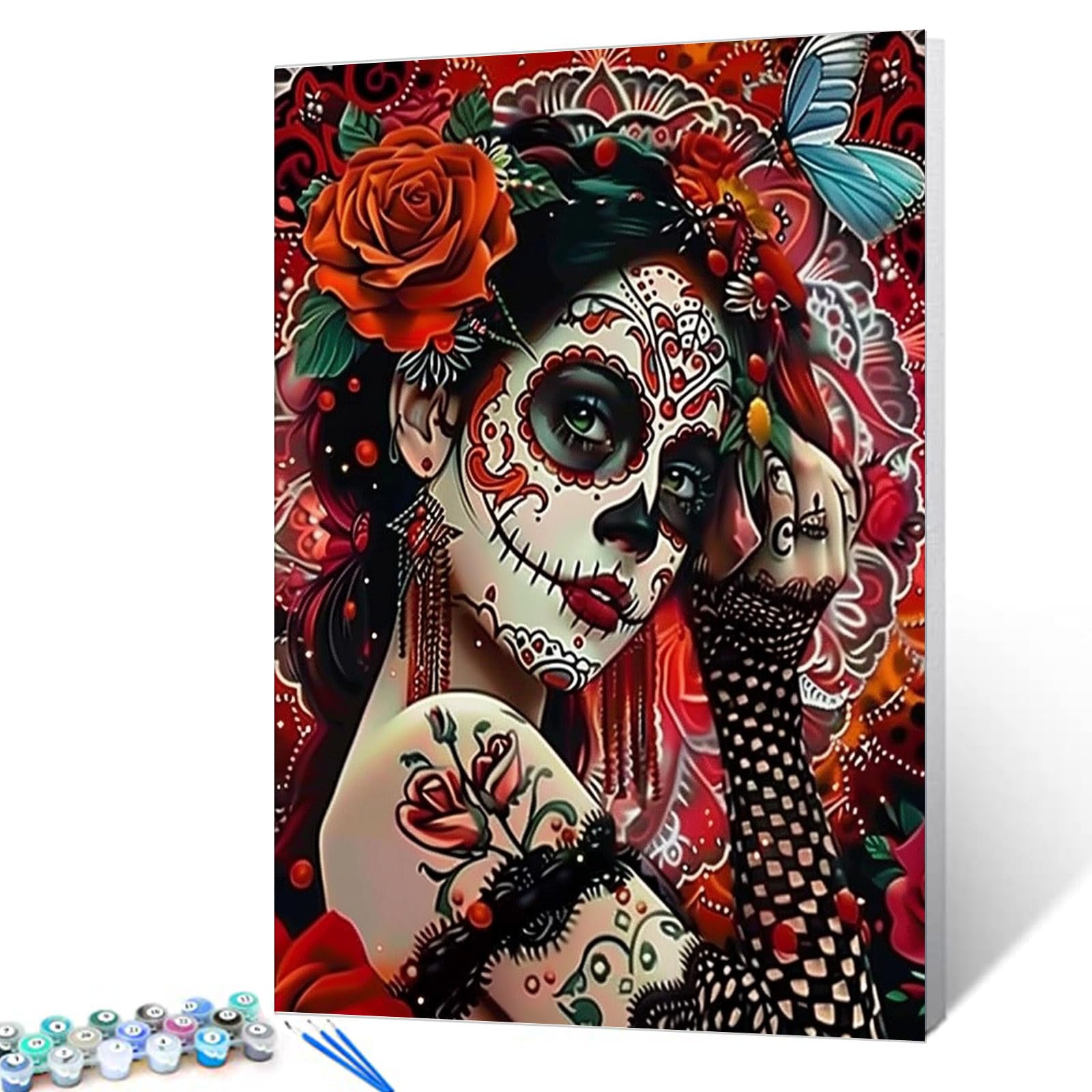 Sugar Skull Girl Paint by Numbers Kits for Adult Paint by Numbers Halloween Acrylic Paint by Numbers Kits on Canvas Drawing with Brushes Decor Decorations Gifts DIY Framed 16x20 Inch
