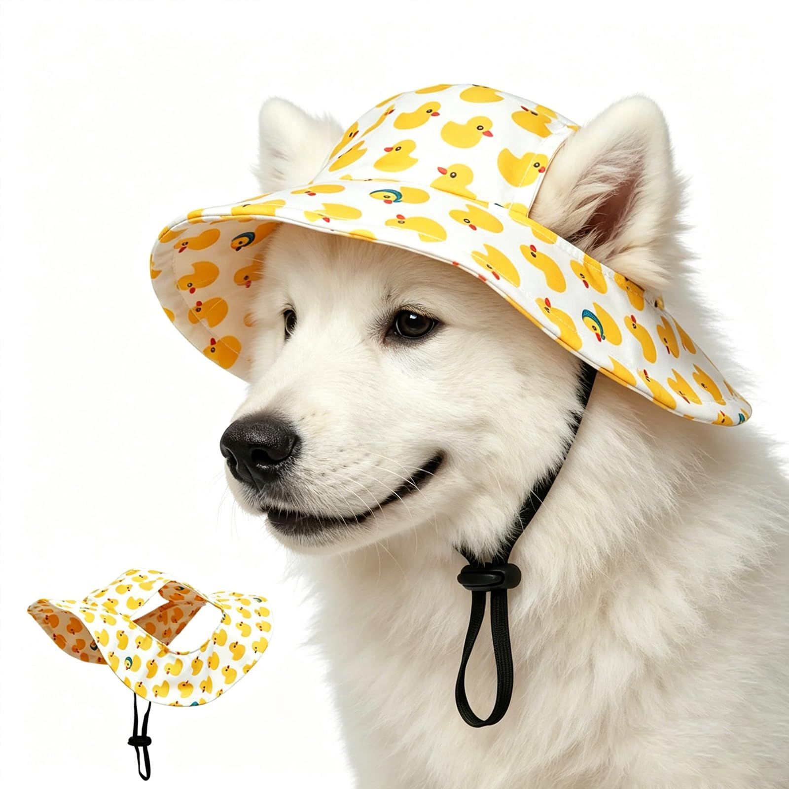 Dog Sun Hat with Ear Holes, Adjustable Pet Bucket Hat for Small Medium Large Dogs & Cats, Cute Duck Print Wide Brim Summer Sun Protection Cap, Breathable Pet Bonnet for Beach Hiking Travel (Yellow,L)