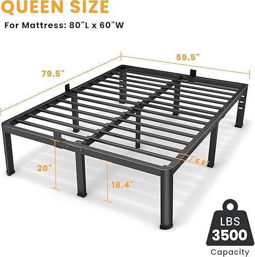 Miniatura 3 de 20 Inch Queen Size Metal Platform Bed Frame with Round Corners, Storage Space Under High Bed Frame-Heavy Duty Steel Slats Support, Noise Free - Easy