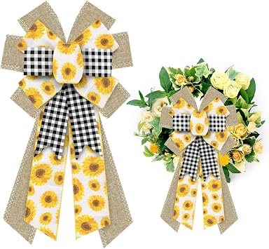 Large Spring Wreath Bows Spring Sunflowers White Black Plaid Burlap Bows for Wreaths, Brown Linen Ribbon Bows Tree Topper Bows for Springtime Home Indoor Outdoor Decoration Wreath Ornament Supplies