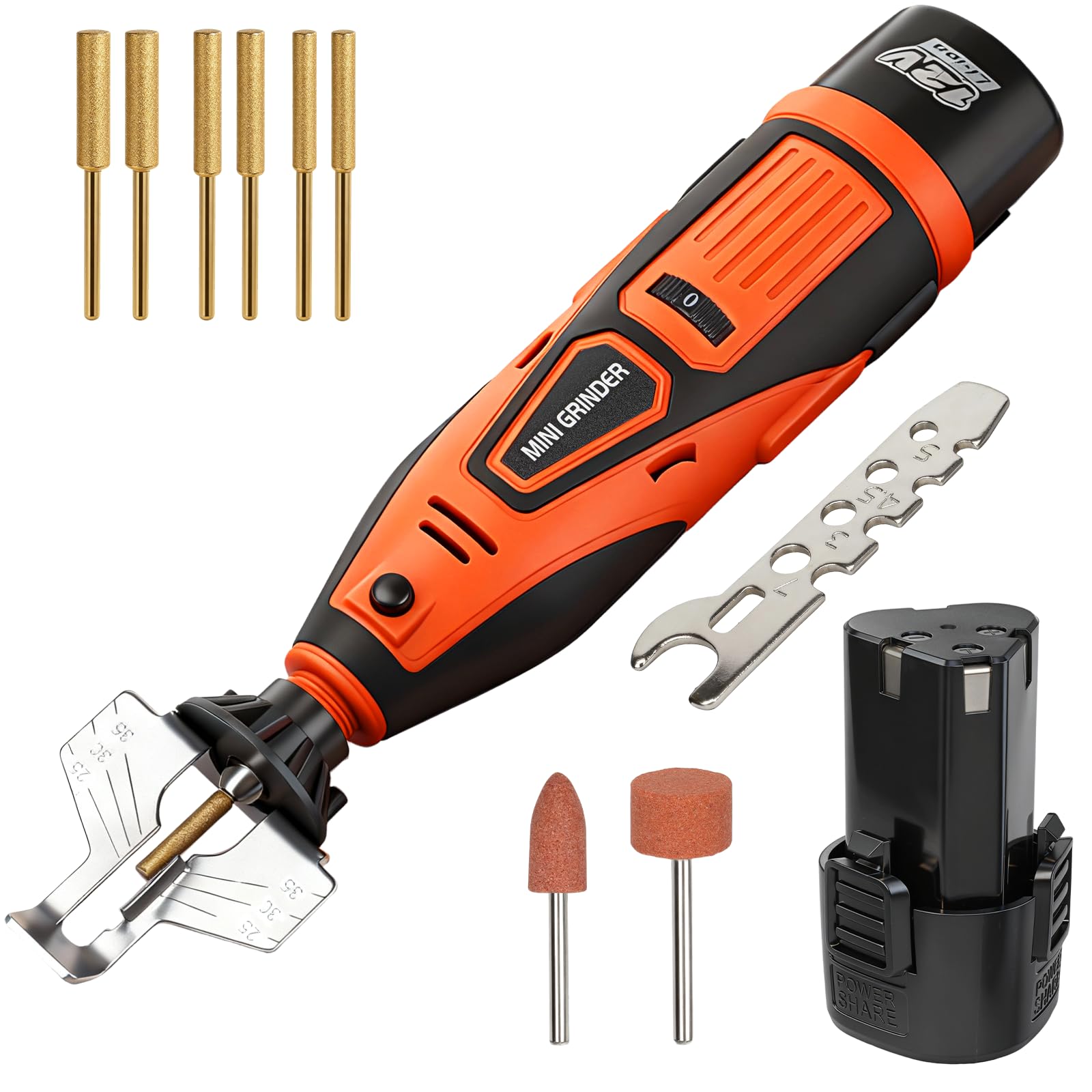 WIOR Kit de afilador de motosierra inalámbrico con puntas de diamante recubiertas de titanio, herramienta afiladora eléctrica de 12 V, 2 baterías, 6 ruedas de afilado de alta dureza, fijación en