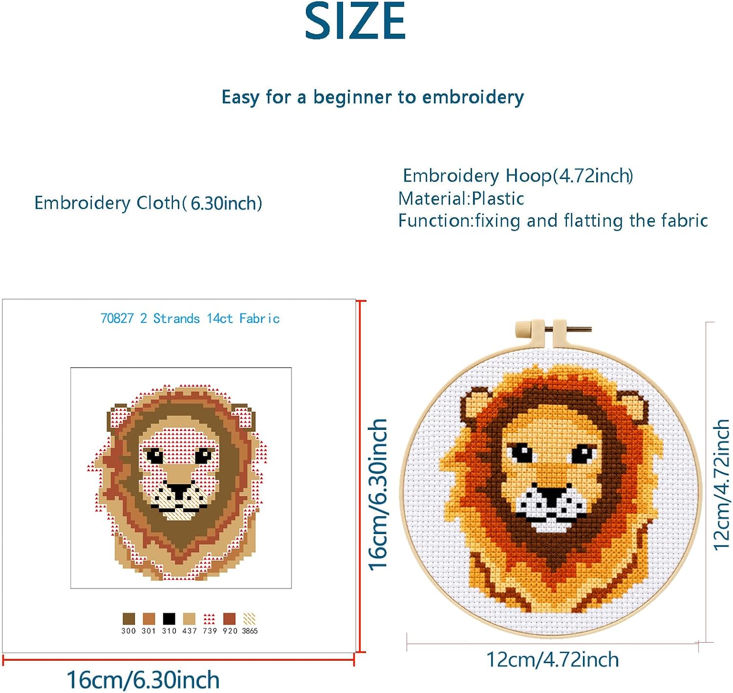 Zhenqing Cute Lion Stamped Cross Stitch Kit for Adults and Beginners, 14CT Printed Safari Animal Pattern with 12 cm Hoop, DIY Jungle Needlework for Nursery Wall Decor, 16 x 16 cm