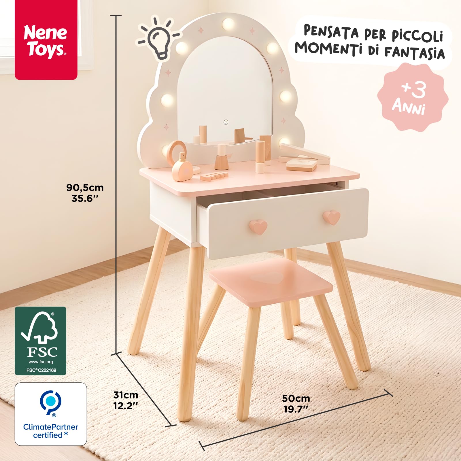 Nene Toys Toeletta Trucco Bambina con Specchio Illuminato e Sgabello, Specchiera Trucco Bambina in Legno, Postazione Trucco con 3 Modalità di Luce, Cassetto, Accessori, Regalo 3+ Anni