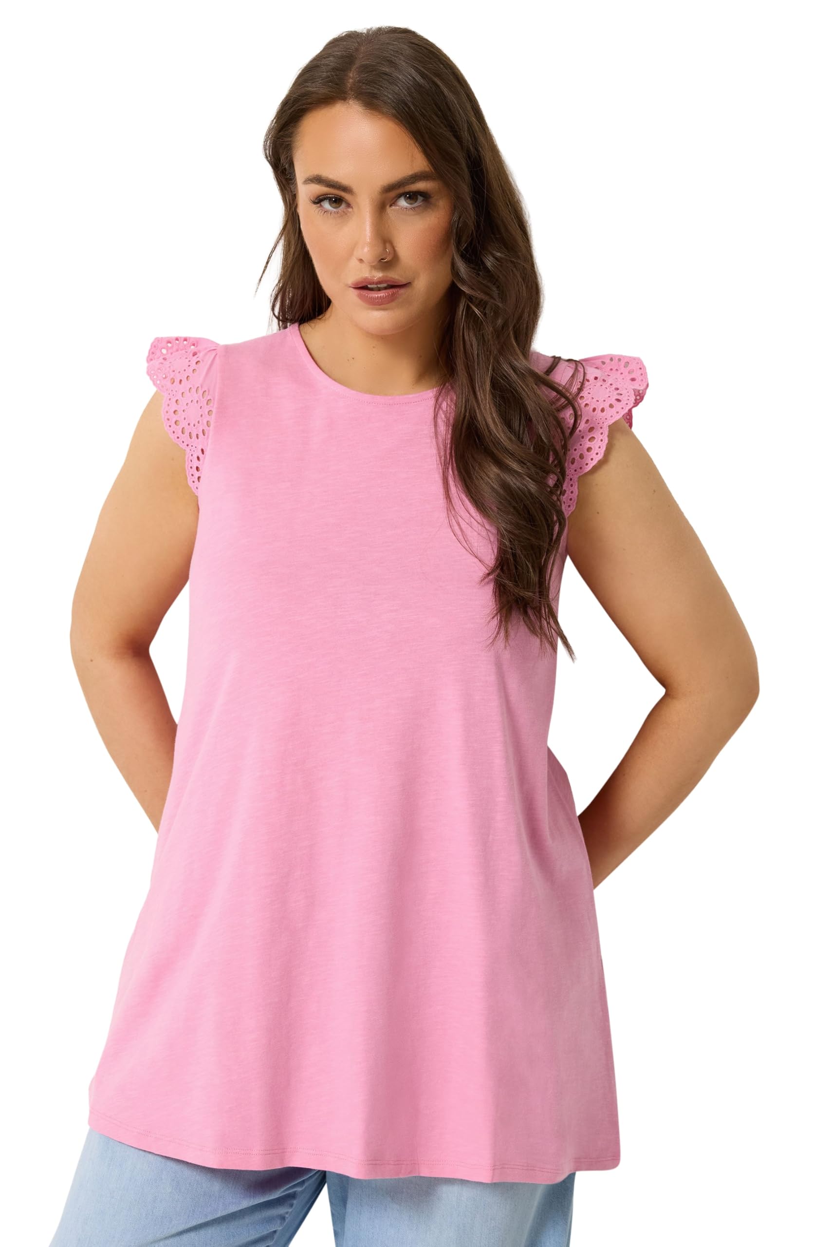 Yours Women's Broderie Frill Vest Top in Baby Pink | Size: 22-24