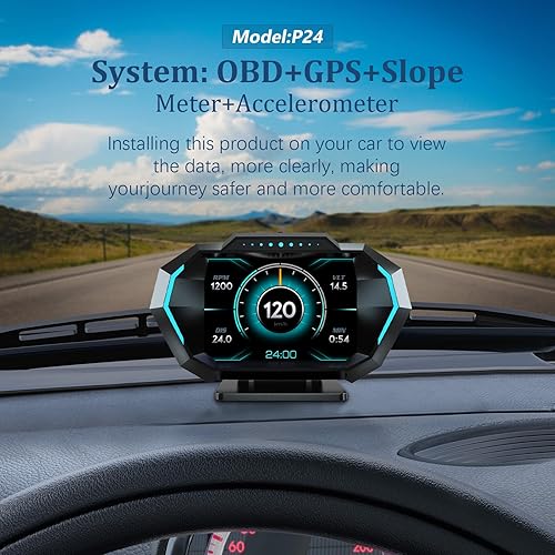 Miniatura 1 de Obd2 Gauge Display with Speed, Heads Up Display for Cars P24, Fuel Consumption, RPM, Overspeed Alarm, OBD+GPS Digital Speedometer Suitable for All