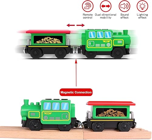Miniatura 6 de Juego de tren de locomotora a pilas para carriles de tren de madera, potentes vehículos de tren de tren eléctrico a control remoto con luz y sonido,
