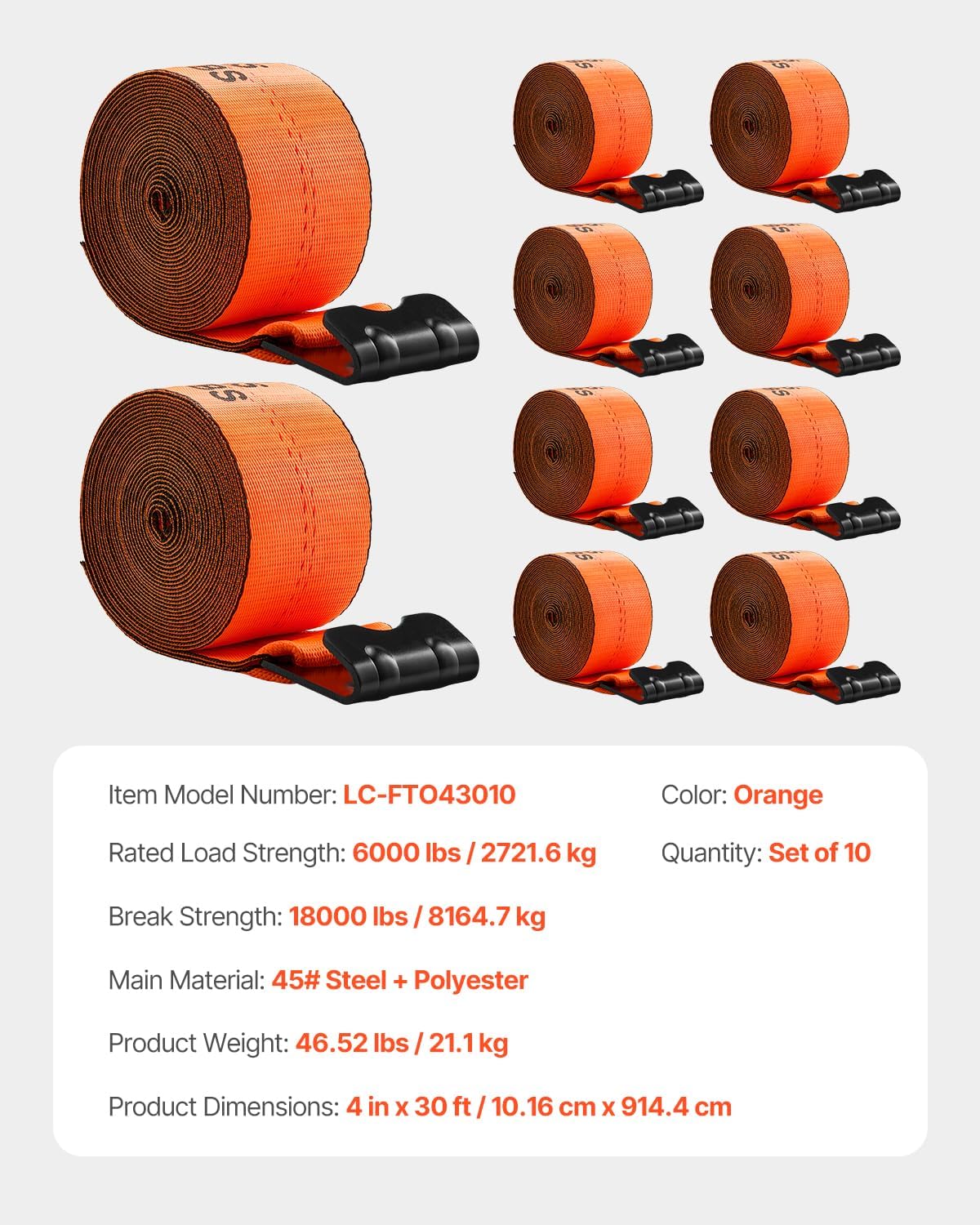 VEVOR Truck Straps, 4" x30' Heavy Duty Tie Down w/Flat Hooks 18,000lbs Break Strength, WLL# 6000lbs, Cargo Straps tie Down for Flatbeds, Trucks, Trailers, Farms, Rescues, Tree Saver, Orange(10 Pack) - Image 7