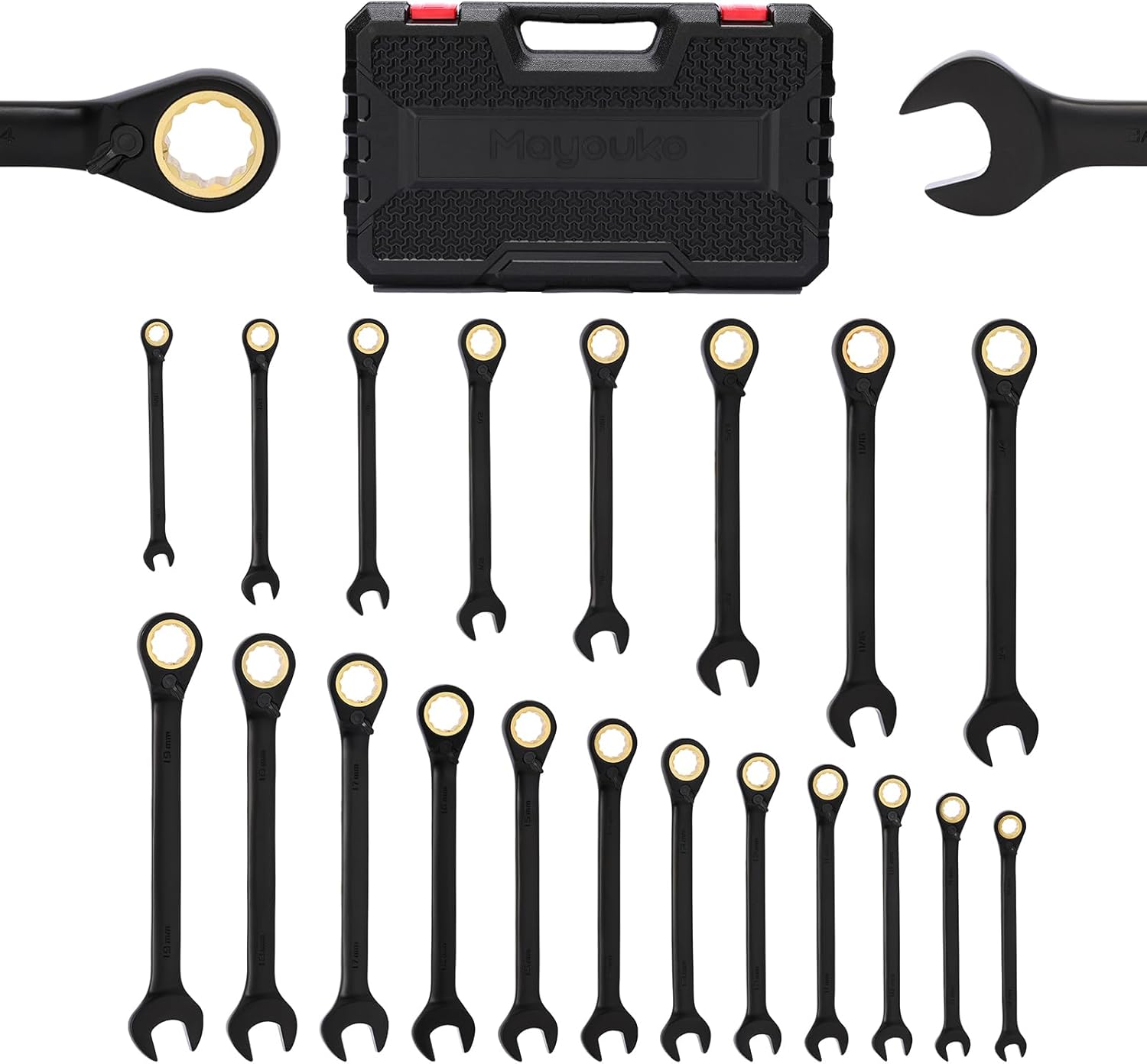 Mayouko 20PCS Reversible Ratcheting Combination Wrench Set, SAE 5/16"-3/4" & Metric 8-19mm, 12 Point, 72 Tooth, Cr-V Steel with Black Chrome Finish