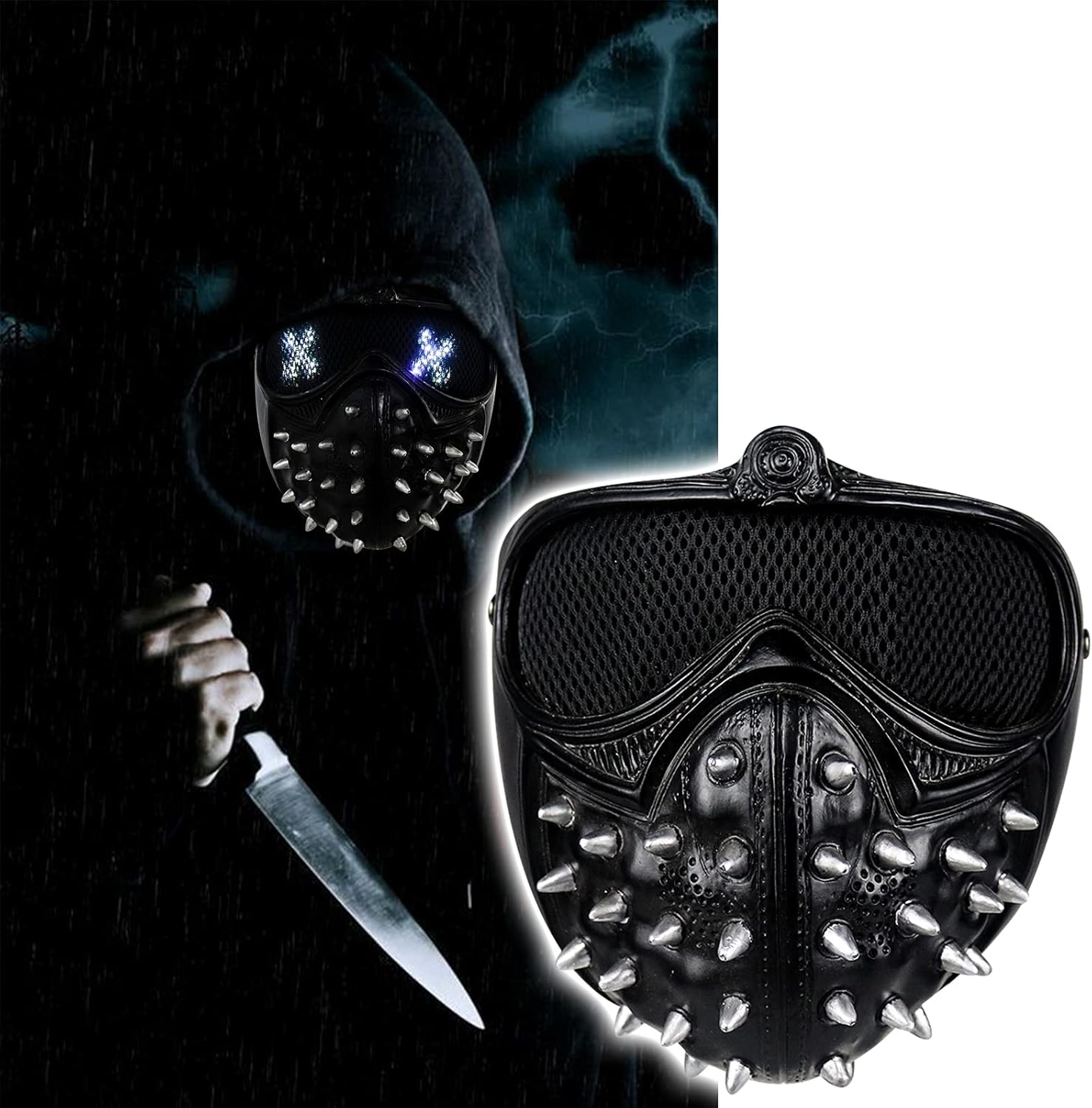 LED Watch Dogs Wrench Mask with Rivet 25 Expression Changing Light Up Cosplay Costume Props Punk Devil Ghost Death PVC