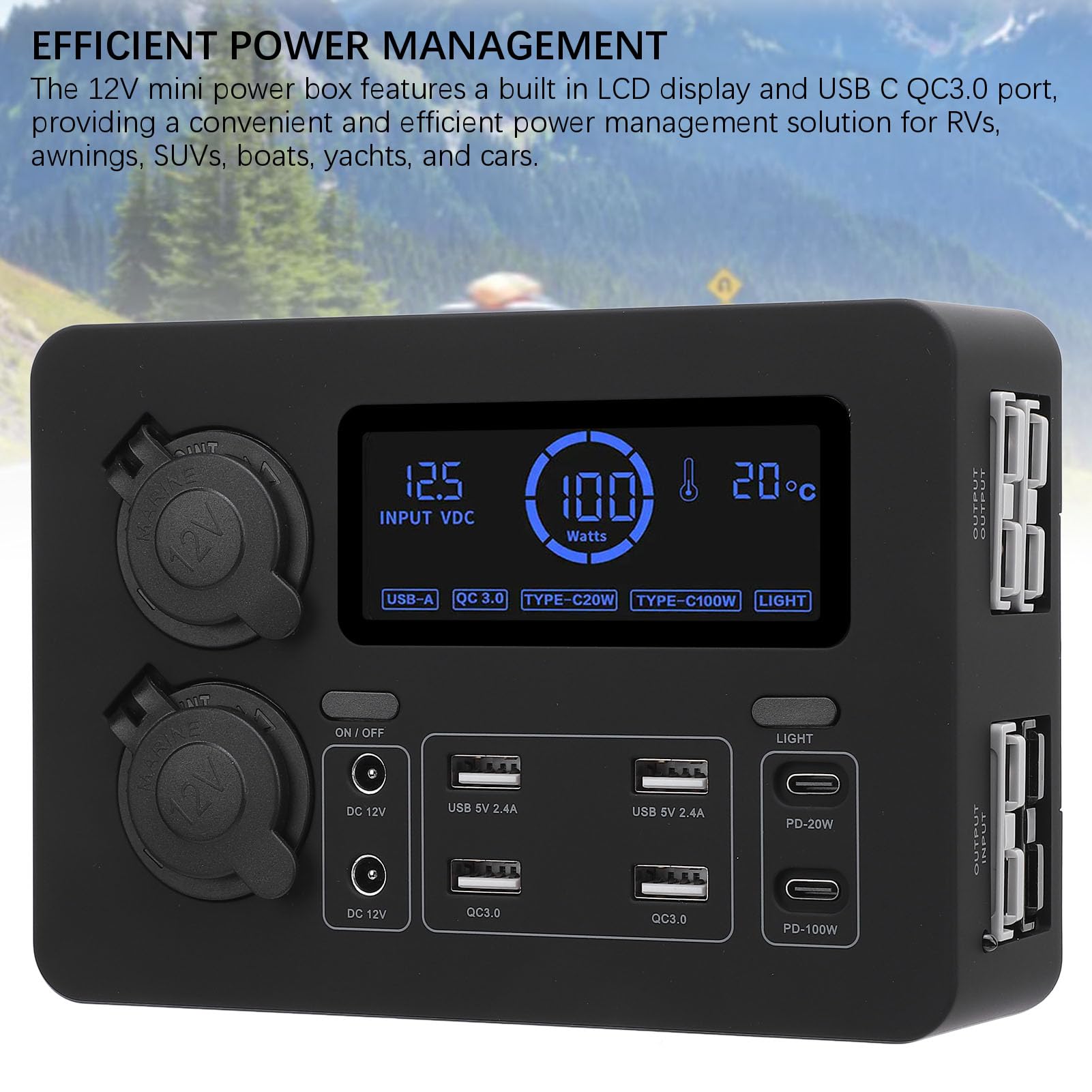 Cryfokt Mini Zasilacz 12 V z Wyświetlaczem LCD, Wielofunkcyjny System Dystrybucji Zasilania o Mocy 100 W z Portami USB C QC3.0, 4 Gniazda Anderson, Gniazda na Cygara do Kempingu W