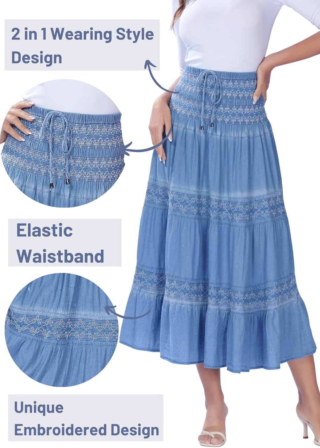 DREFBUFY Maxi Skirt Womens High Waist Pleated Tiered Long Skirts Denim Casual Style Midi Dress for Women - Image 4