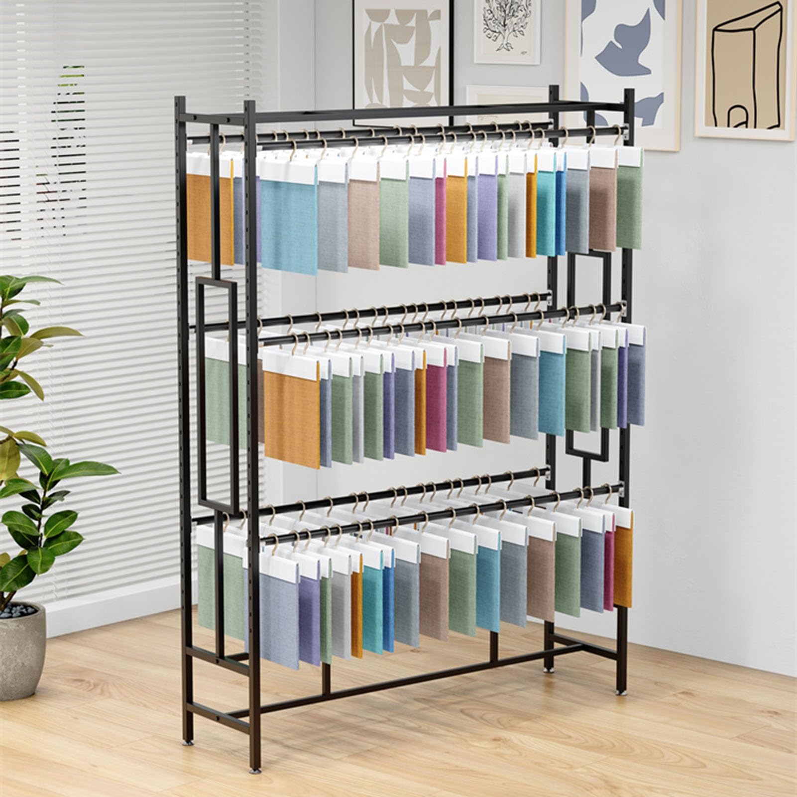 Espositore per tappeti in Metallo da Pavimento, espositore per Campioni di Tessuto Commerciale, zerbino in Tessuto per Tappetino per Auto, Appendiabiti Multistrato,Black-120x40x200cm