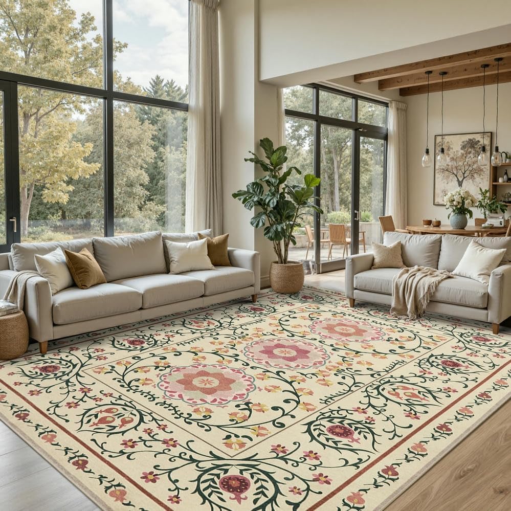 Floral Rug for Living Room Bedroom, 8x10 Washable Rugs, Vintage Boho Style, Large Non Slip & Low Pile Wool Carpet for Indoor Dining Room, Girls/Kids Room and Nursery(Yellow 8x10)