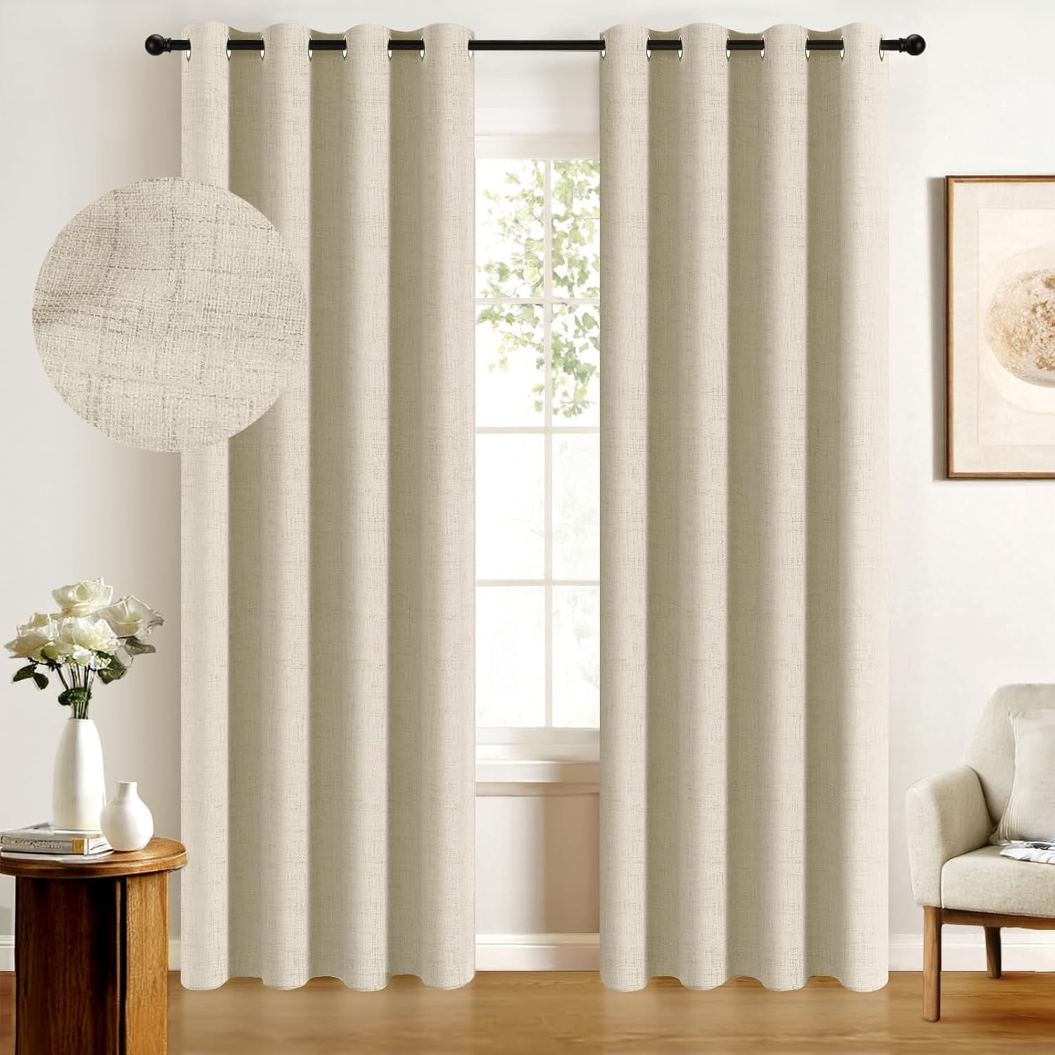 100% Blackout Shield Sliding Door Curtains, Extra Wide Curtains 108 Inch Long, Patio Door Grommet Drapes for Living Room, 50"W x 108"L, Natural Flax Natural Flax 50"W x 108"L (Pack of 1)