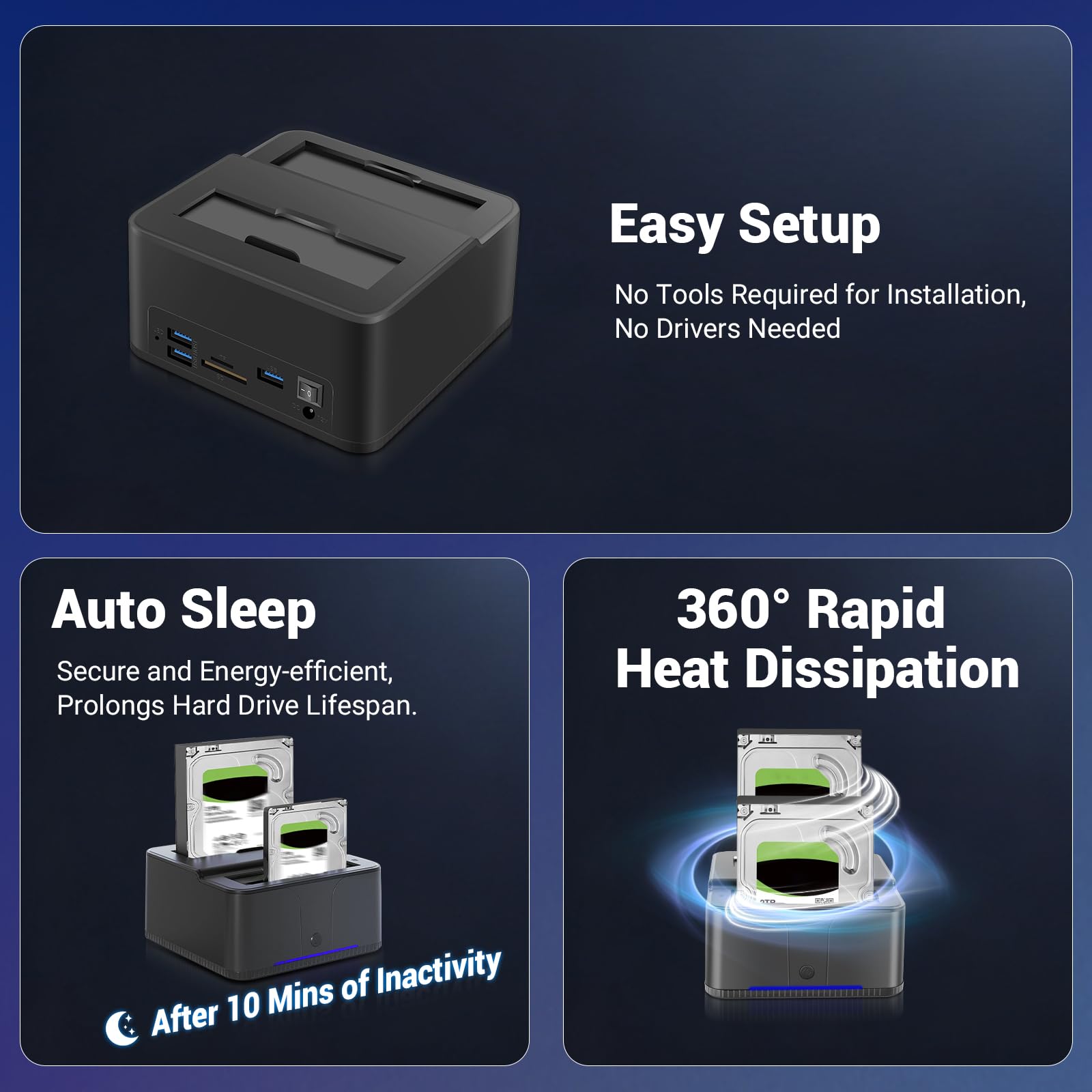 HDD Docking Station, USB3.0 Station d'accueil pour Disque Dur pour 2,5 et 3,5 Pouces SATA HDD/SSD, 32 to avec Lecteur de Cartes SD/TF, Double Baie, Prise en Charge de Clone Hors Ligne,UASP