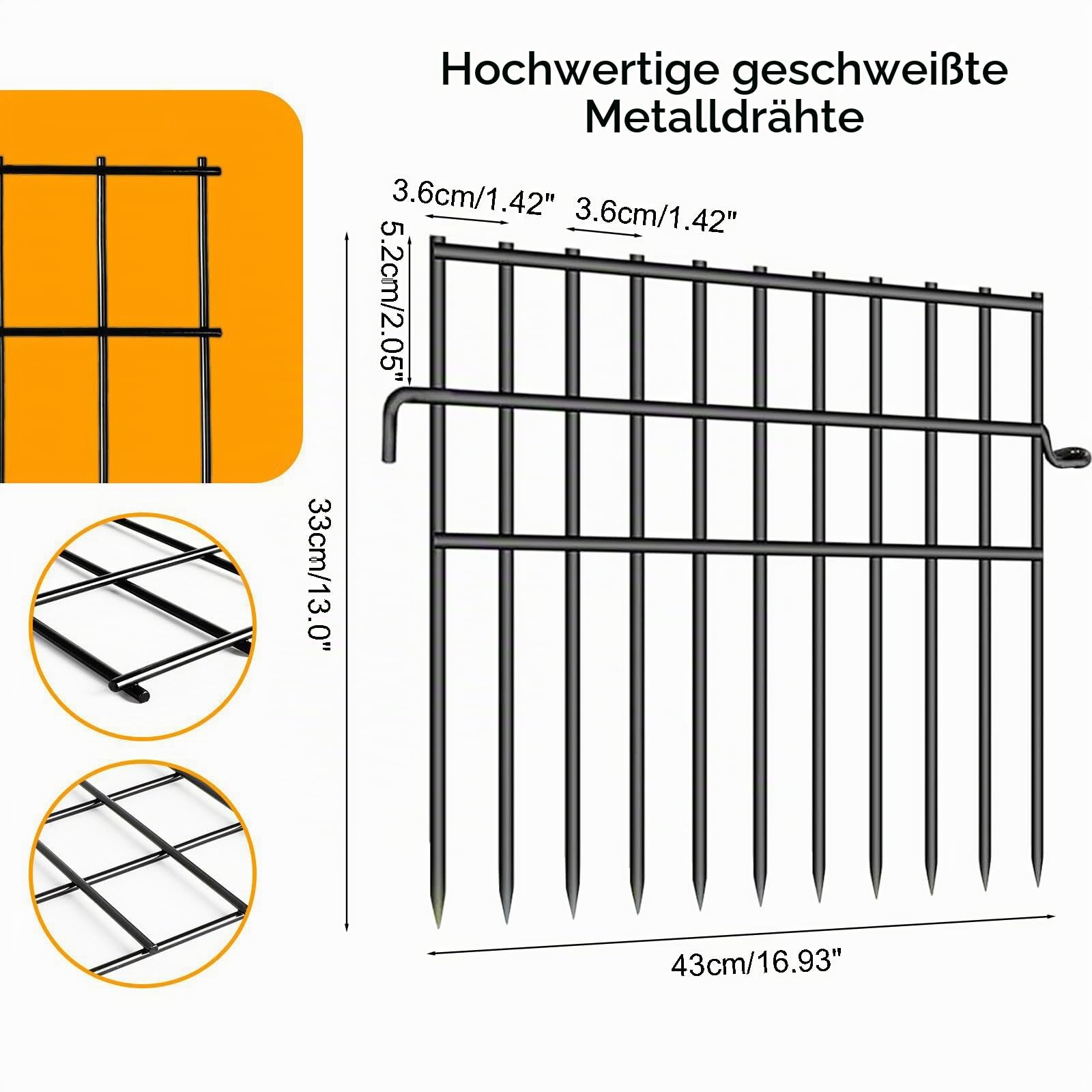 25 Stück Metall Gartenzaun Dekorativer, Steckzaun für Hunde | 825CM(L) X 43CM(H) Garten Metallzaun Zaunelemente, Tier-Absperrzaun, Zaun für Hunde