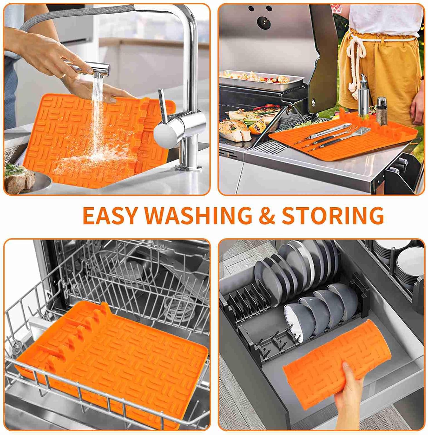 2PCS Orange Heatproof Tool Mats with 8 Slots and Drip Pad, Food Grade BBQ Utensil Organizer for Grill Side Shelf