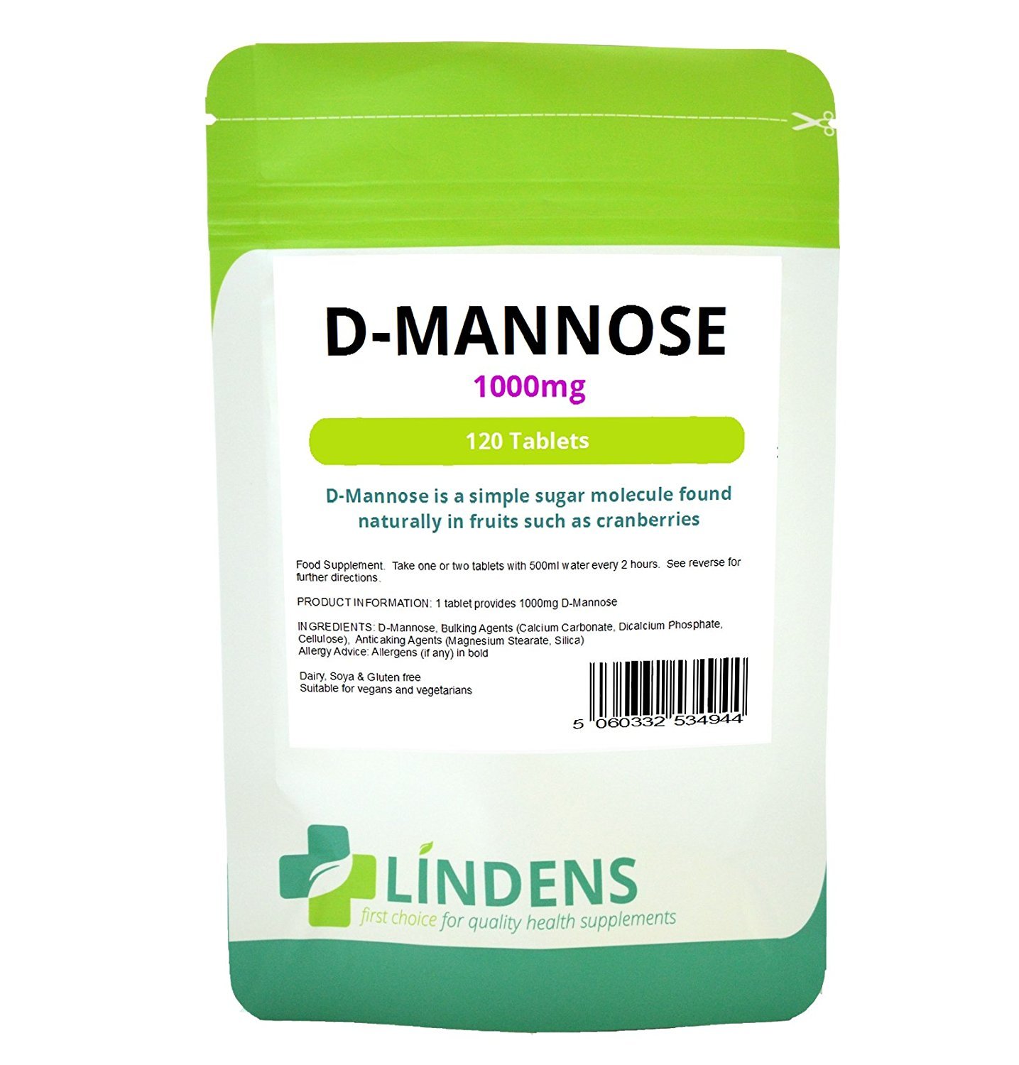 Lindens - D-Mannose 1000mg, 120 Tablets - High Potency 1000mg D Mannose - Substitute for Cranberry Supplements - UK Made, Letterbox Friendly