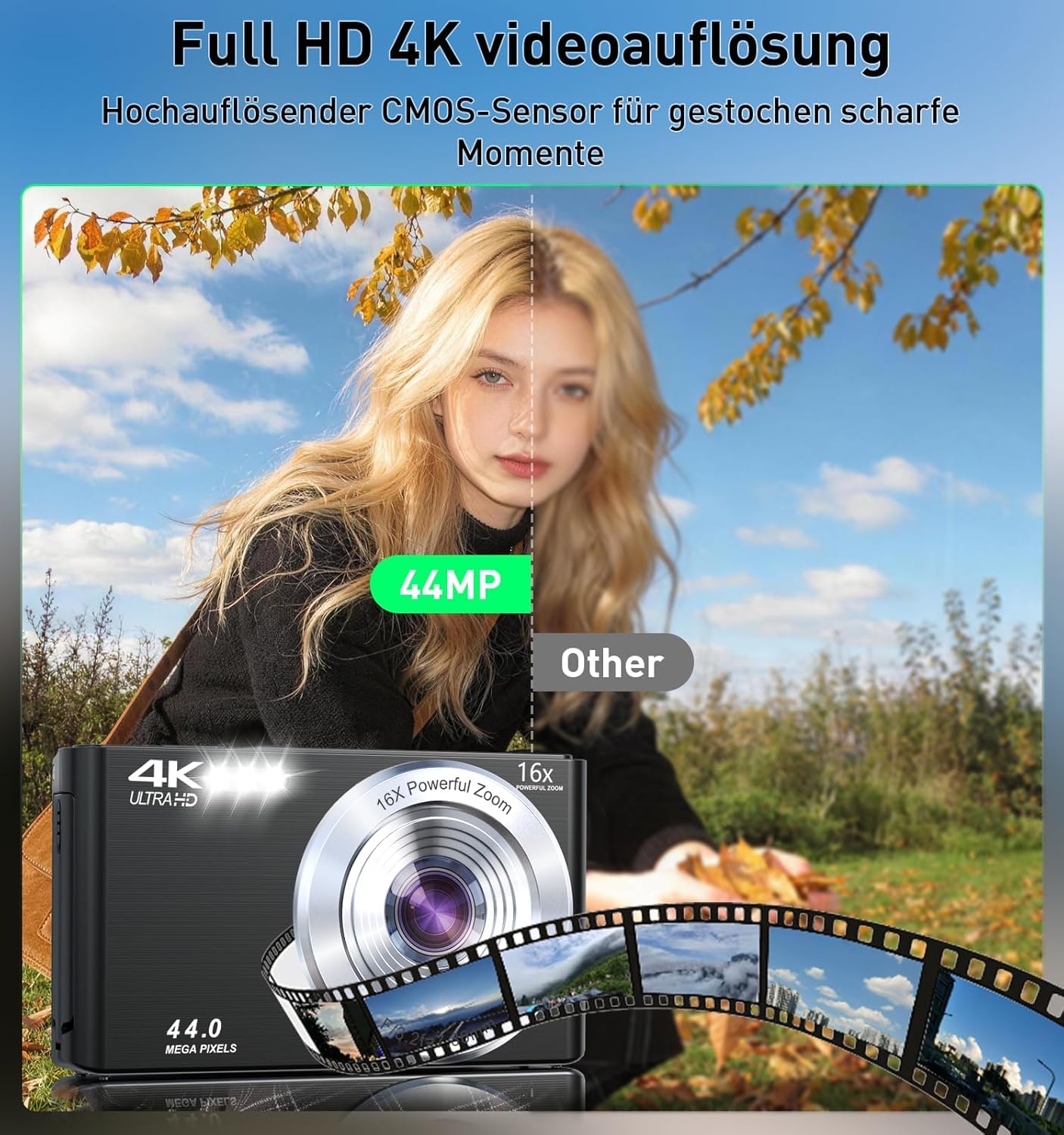 4K Digital Camera, 44MP FHD Compact Camera with Auto Focus, 16X Digital Zoom, 2.8 Inch LCD Screen, Portable Mini Camera with 64GB Card & 2 Batteries for Beginners Teens