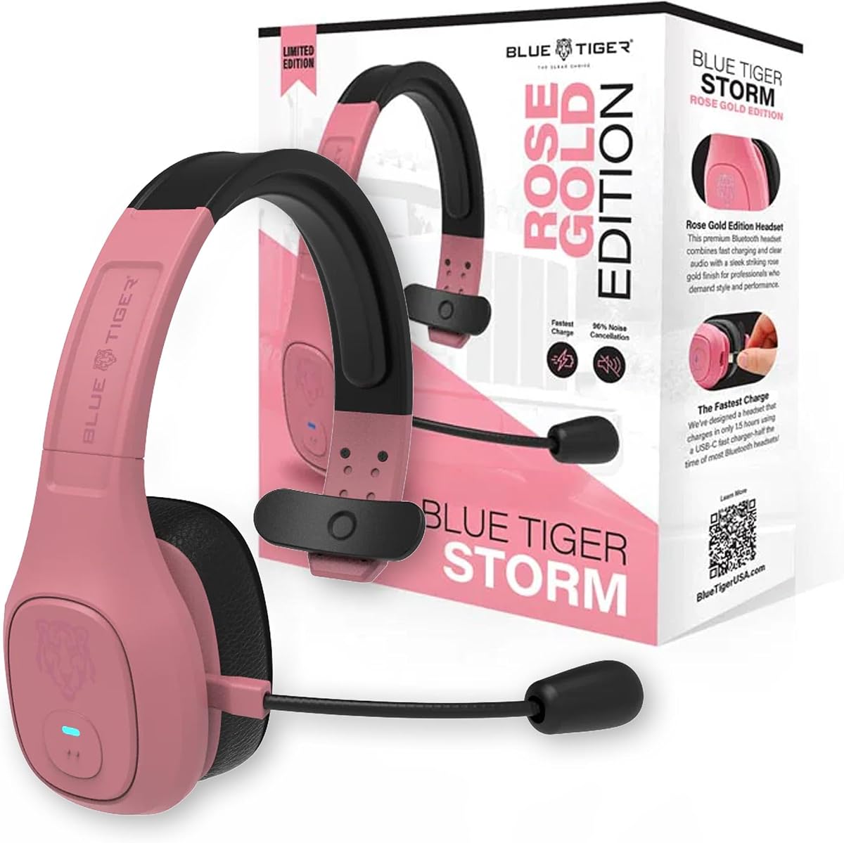 Storm Rose Gold- Wireless Trucker Bluetooth Headset with Mic | Mono headset with mic, wireless noise canceling, high-fidelity sound, 30-hour talk time, USB-C charging, Bluetooth 5.0