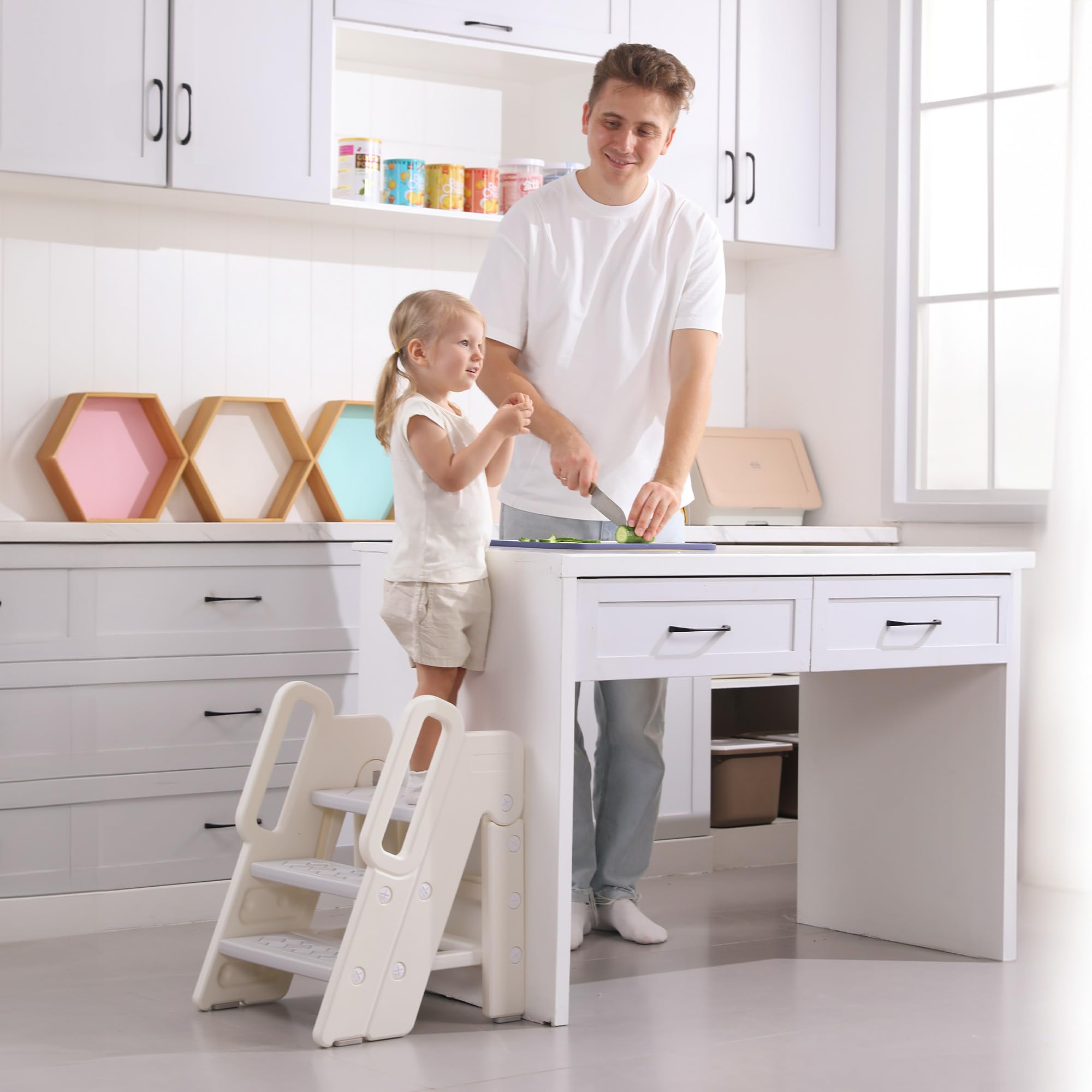 hoopyosms Taburete Plegable Niños, Escalera Plegable de 3 Pasos, Altura Regulable, Antideslizante, Torre de Aprendizaje Montessori Ajustable, Gris