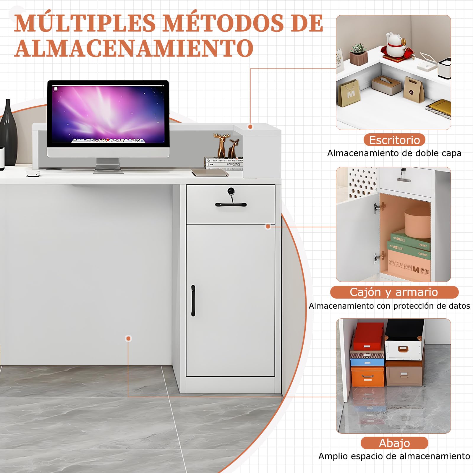 Mostrador Recepción Moderno en MDF, 100 a 240 cm Mueble de Oficina con Cajón y Estantes Abiertos, Ideal para Tiendas, Salones, Consultorios y Recepciones