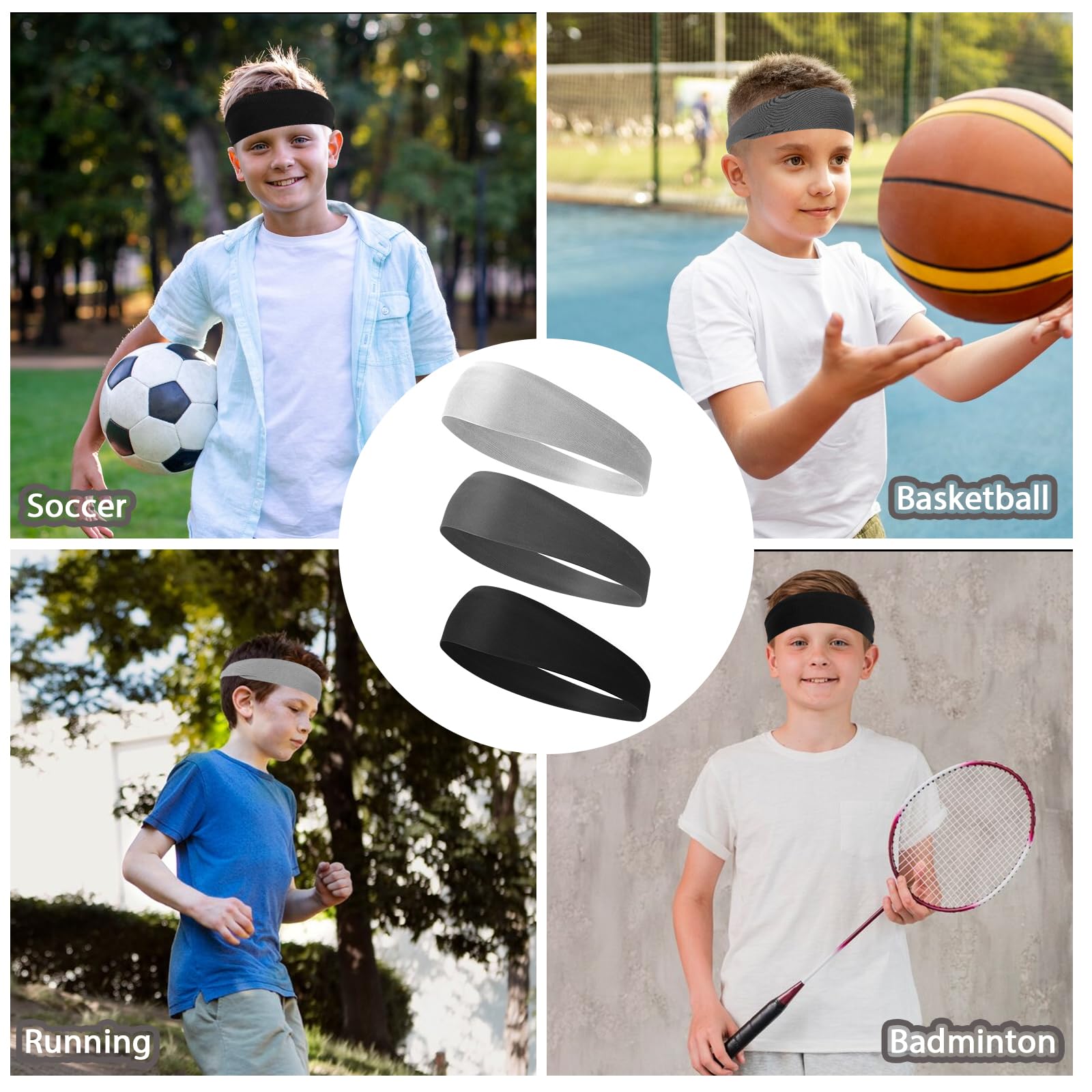 cobee Lot de 3 bandeaux élastiques respirants pour enfants - Pour football, basket-ball, course à pied, tennis