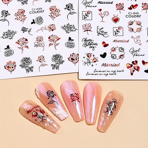 Miniatura 7 de 4 hojas de calcomanías de uñas para el día de San Valentín rosas 3D color rojo francés diseño autoadhesivo calcomanías de arte de uñas para mujer