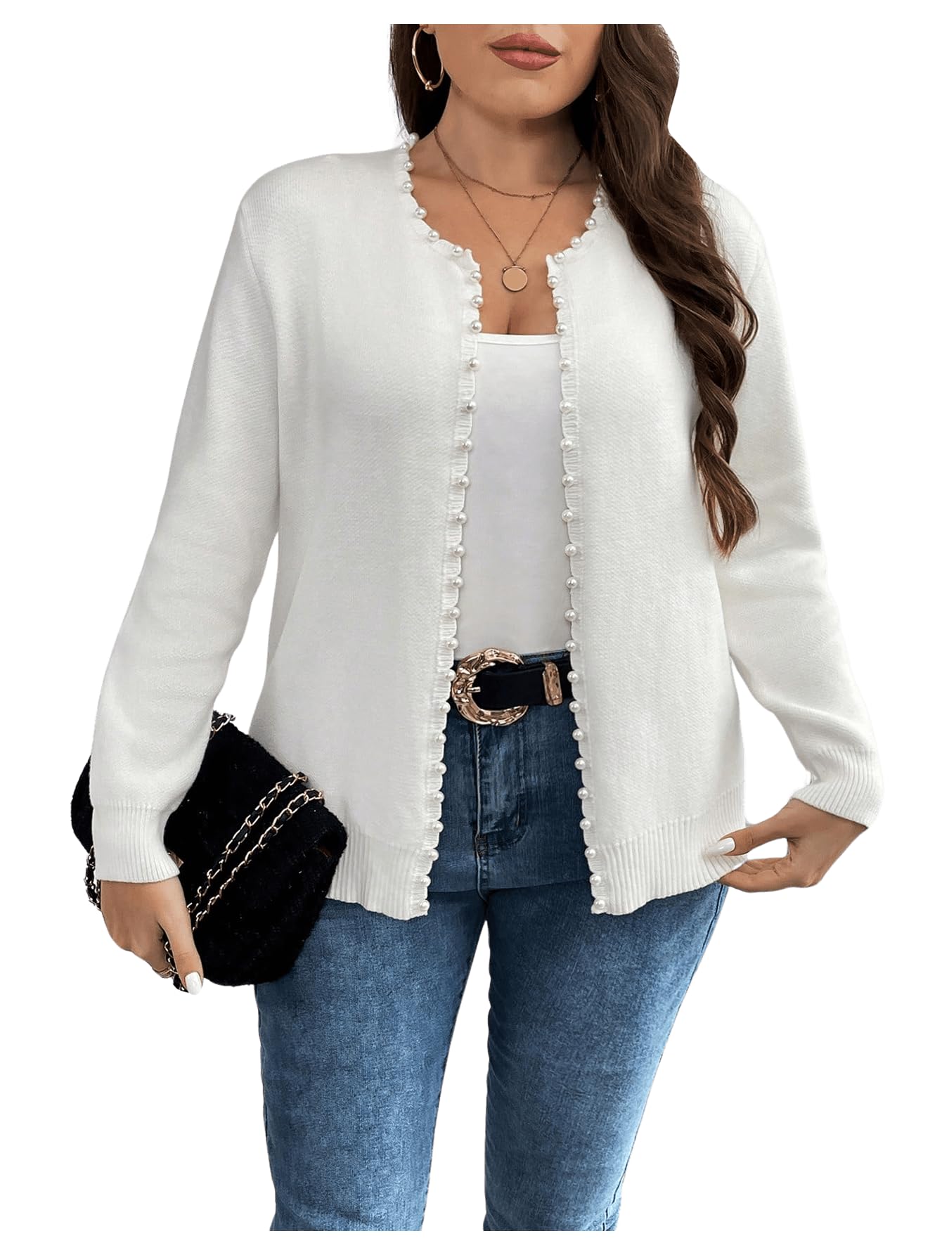 Womens Plus Size Pearls Beaded Cardigan Open Front Long Sleeve Casual Sweater Top