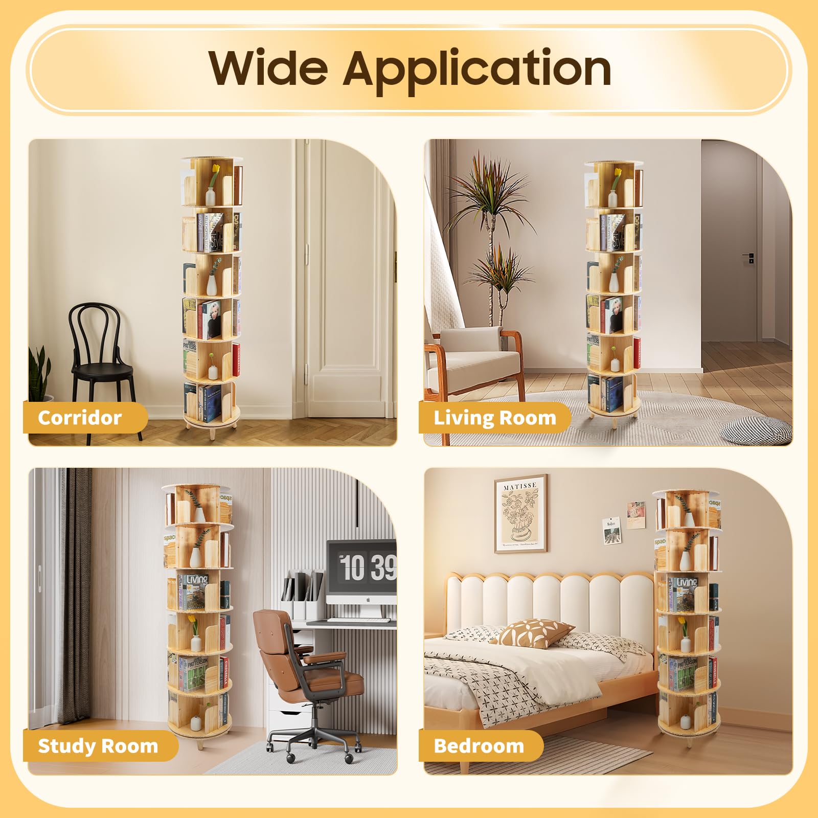 Librería giratoria y estantería de 6 pisos – 360 ° Display Bookshelf | Estantería giratoria | Incluye mantel | Estantería de pie de madera | para libros y objetos de colección