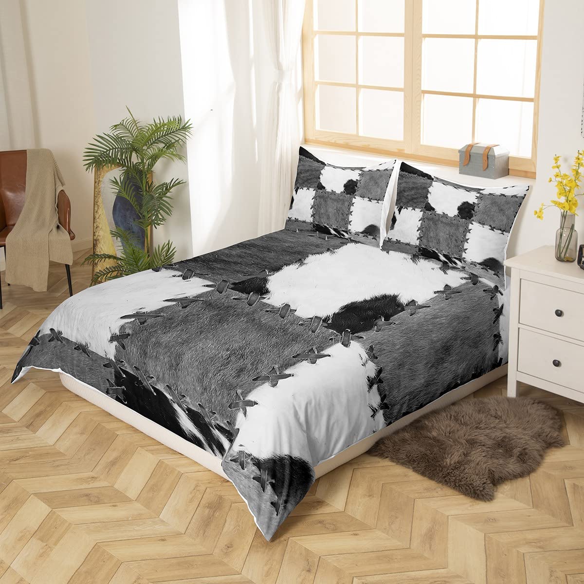 Juego de ropa de cama de piel de vaca Super King con estampado de piel de vaca para adultos, hombres, adolescentes, funda de edredón de vaca occidental, funda de edredón de granja de vaquero