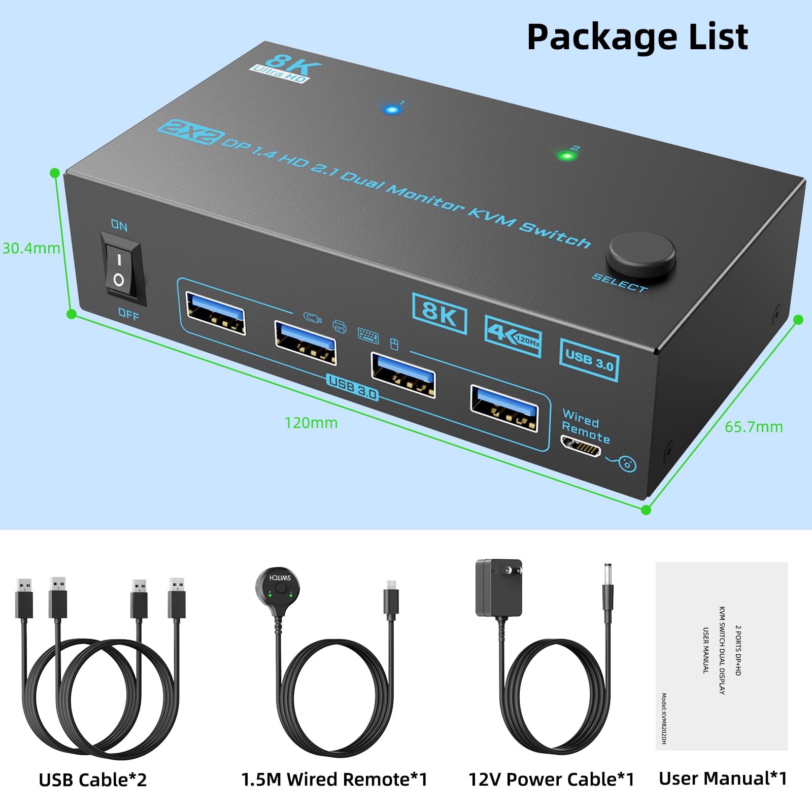 Commutateur KVM Displayport 1.4 + HDMI 2.1 Dual Monitor KVM 2 en 2 ports 2 ports - Prise en charge maximale 8K @ 60Hz/4K@144Hz pour 2 PC - 2 écrans et 4 USB 3.0