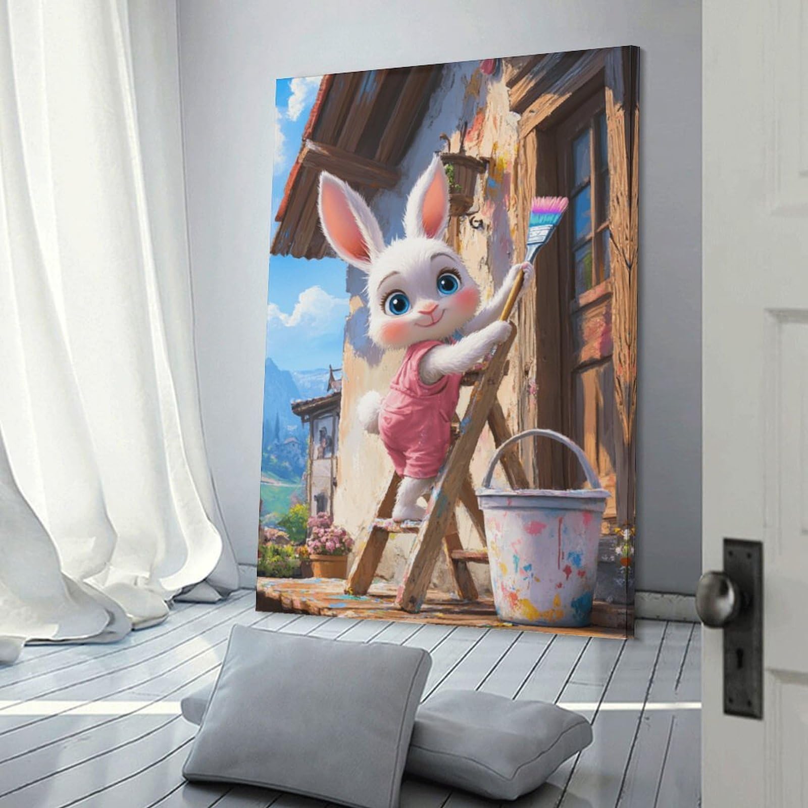 Junmoney Frame-Style-20 Canvas Wall Art Easter Bunny Painting House, 20X30inch(50X75cm), For Lounge, Study, Hallway Or Flat Walls, Canvas Wall Art That Fits Changing Layouts