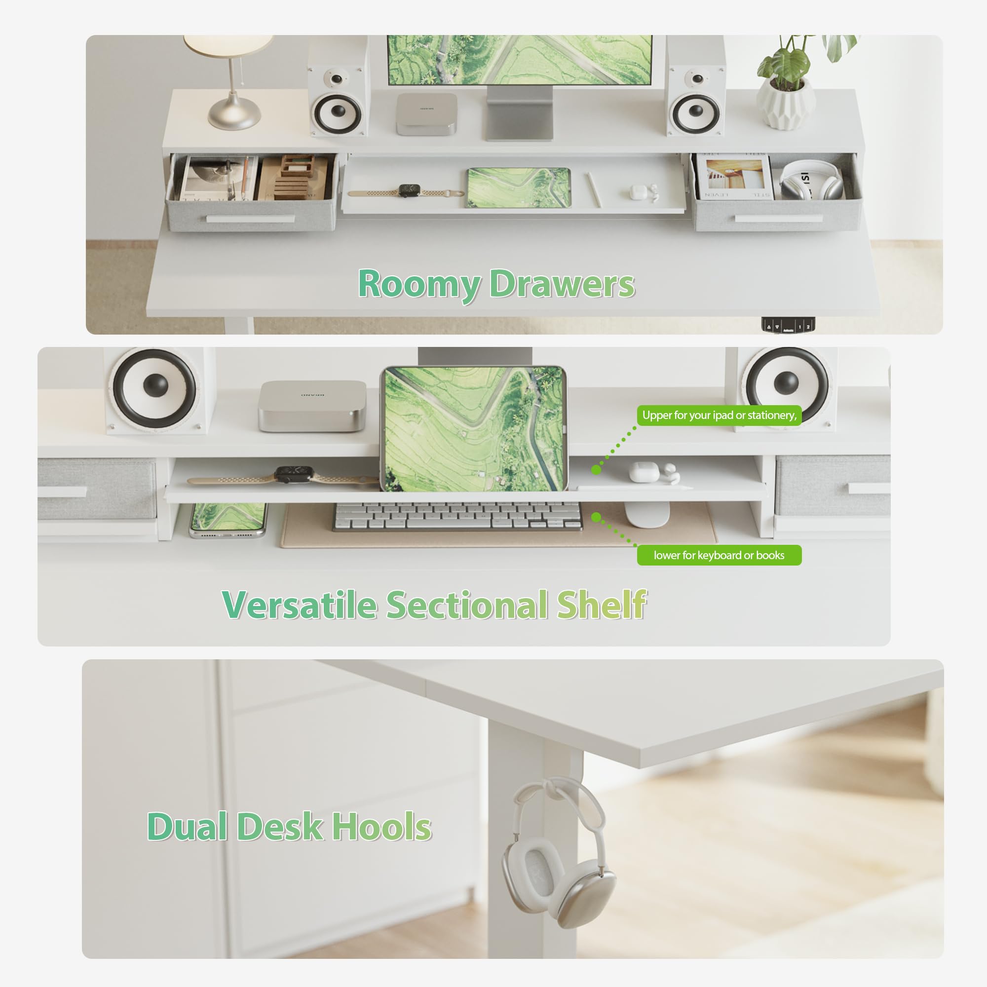 Agilestic Glass Standing Desk with Storage, 48 Inch Electric Adjustable Desk with Glass Shelf and Cable Management, Sit Stand Up Home Office Computer Table, Splice Board, White: White 48 x 24 Inches with 2 drawers