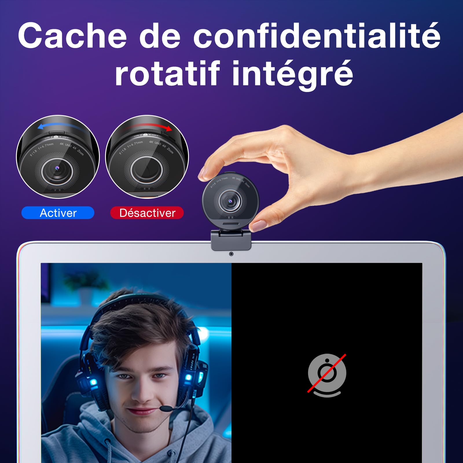 eMeet S800 Webcam 4K Ultra avec 2 Microphones à Réduction du Bruit, Champ de Vision 73°, Correction de la Lumière, 1080p @ 60FPS HDR pour Streaming en Direct, Jeux, Zoom