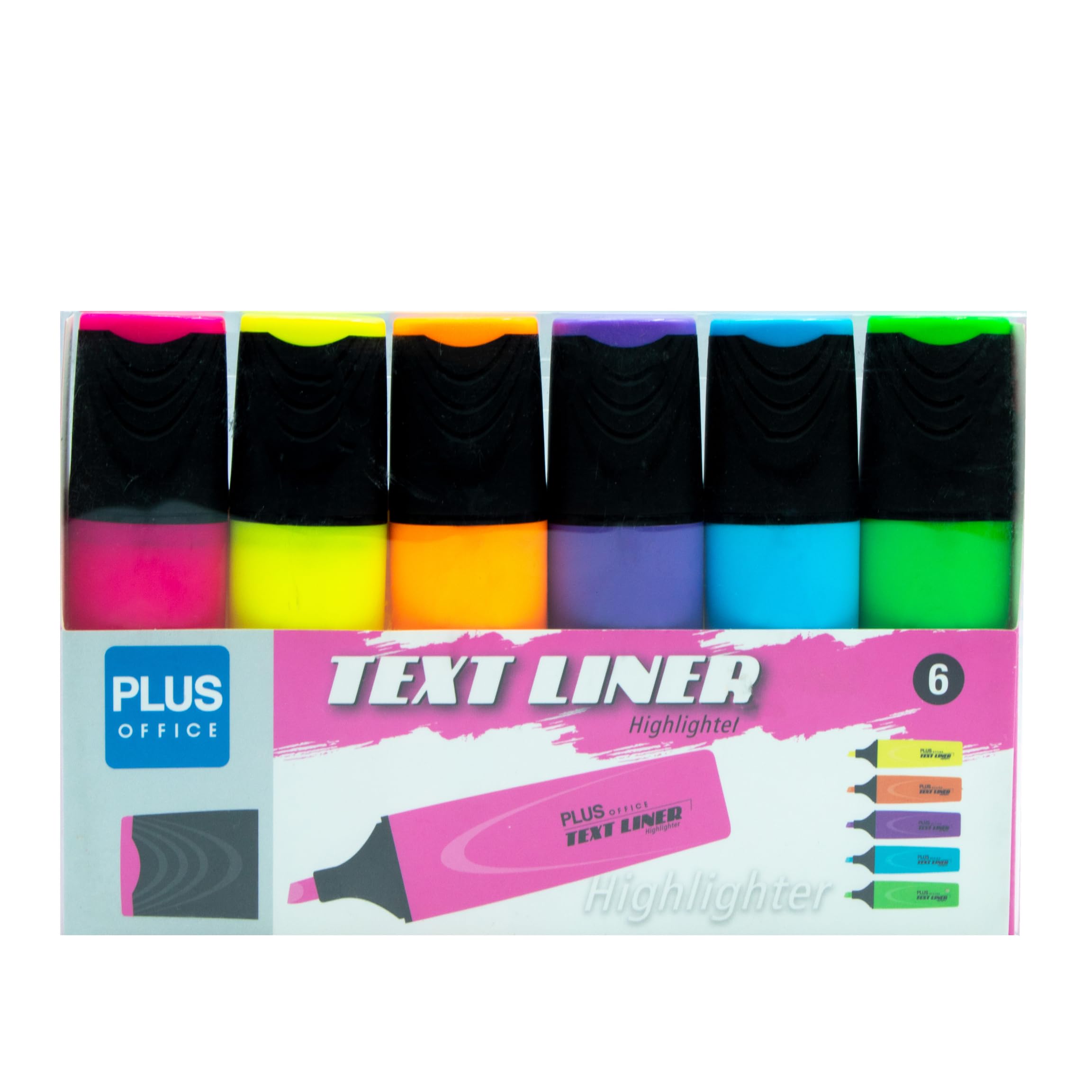 Plus Office – Subrayadores Fluorescentes, Rotulador Marcador con Punta Biselada, Pack de 6 Text Liner de Colores Neón, Rotuladores Fosforescentes de Base al Agua (Pack de 6 Neón)