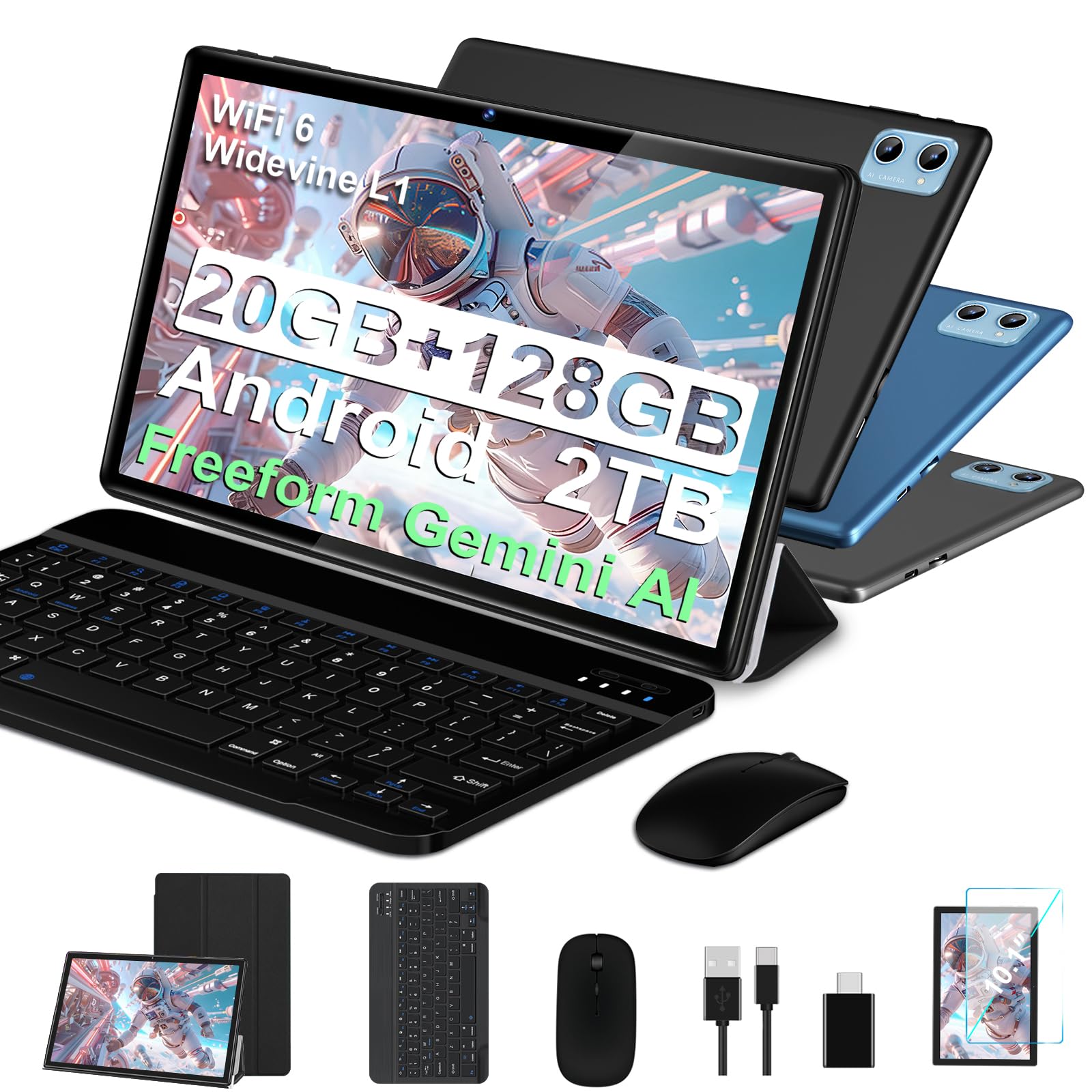 2026 Tablet Android Octa Core da 10 pollici con 20 GB RAM + 128 GB ROM (2 TB TF) | 5G + 2.4G WiFi | FHD | GMS | Bluetooth 5.0 | 8 MP + 5 MP | Tipo C, Tablet Touch con custodia, tastiera e mouse - Nero