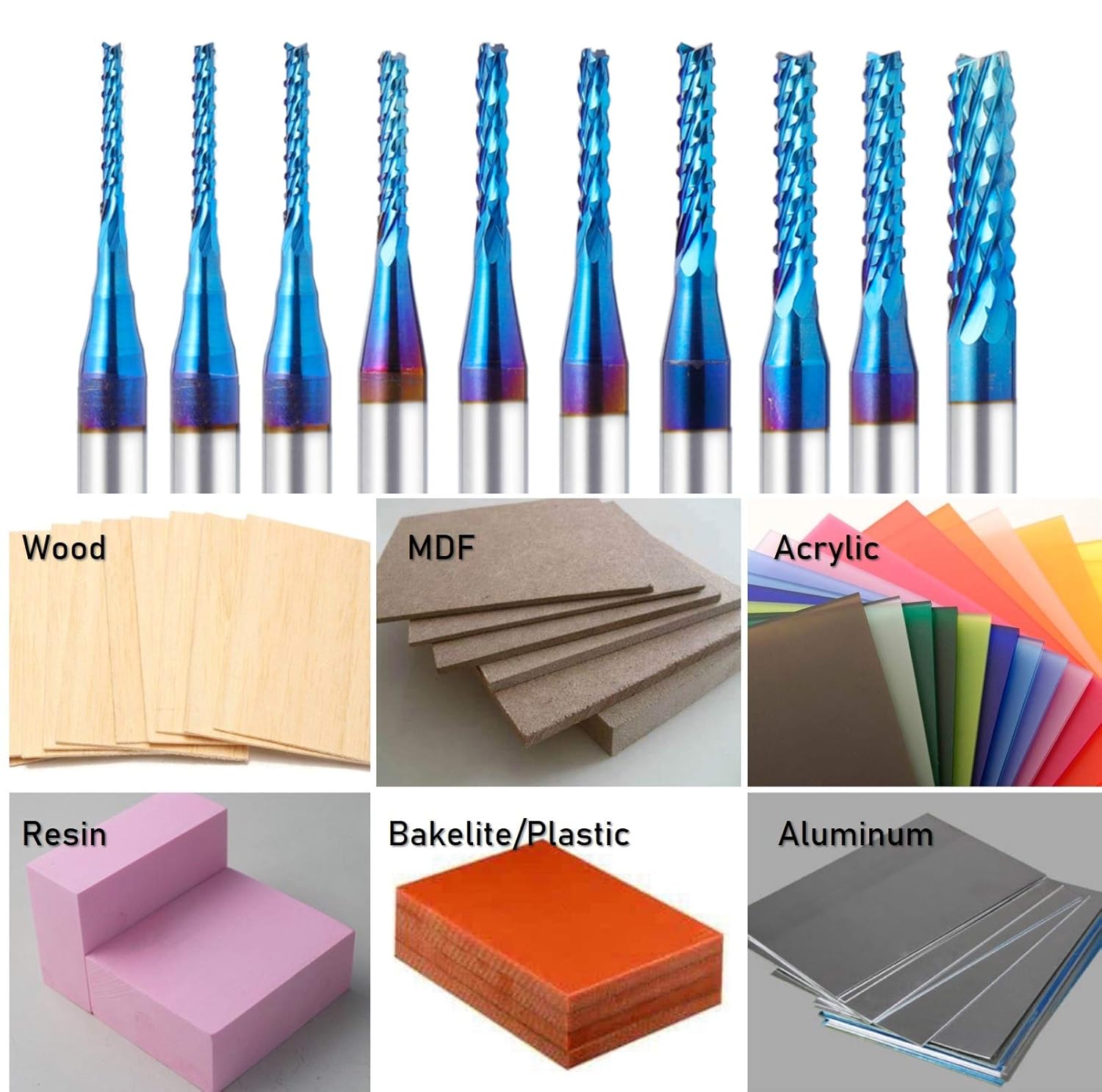 10pcs 0.8-3.175mm End Mill CNC Router Bits, 1/8” Shank Nano Blue Coating Engraving Bits Cutter for Milling Machine Wood Plastics PCB Engraving