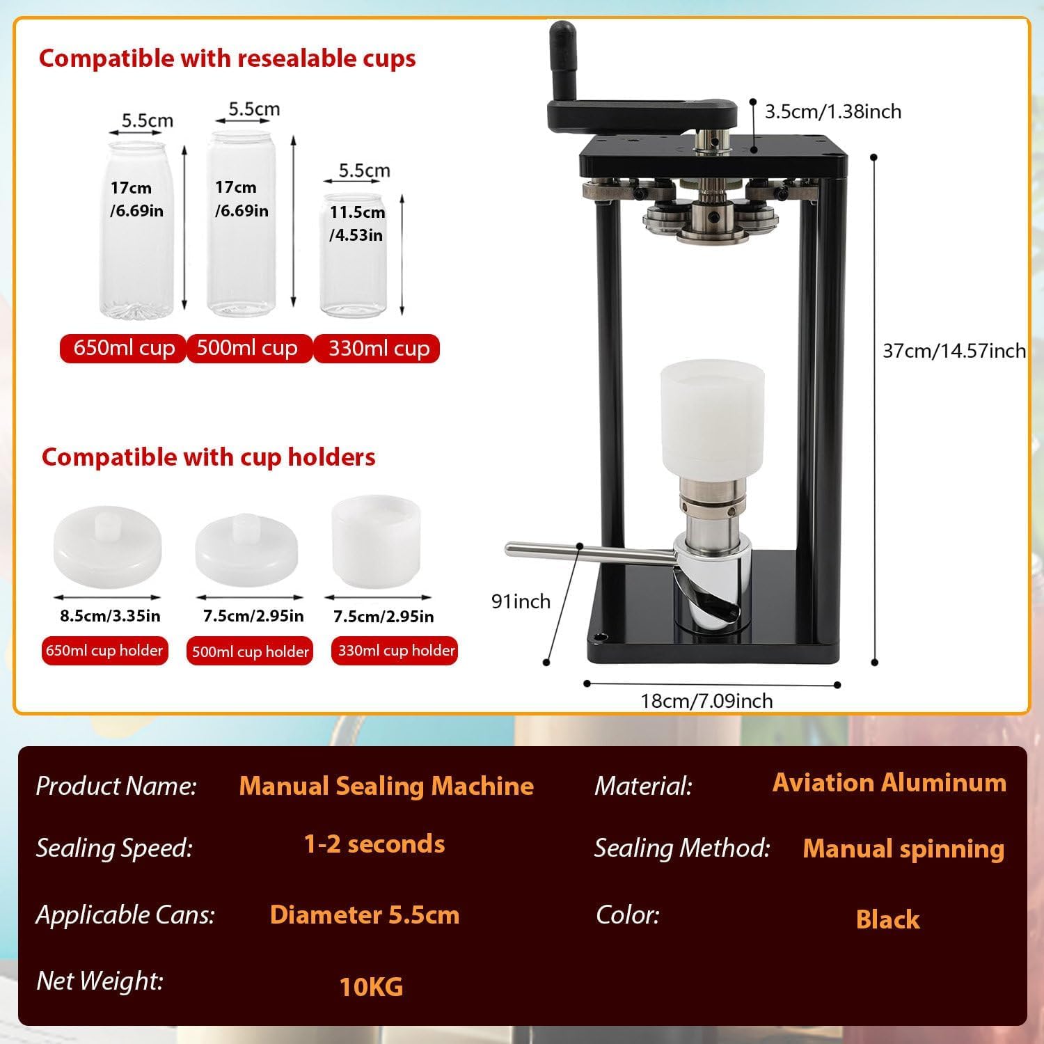 Manuelle Dosenversiegelungsmaschine, Handkurbel, Soda-Dosenversiegelung für 330/500/650 ml Gläser, geeignet für Konserven, Milchtee, Kaffee, Versiegelungsdurchmesser 55 mm