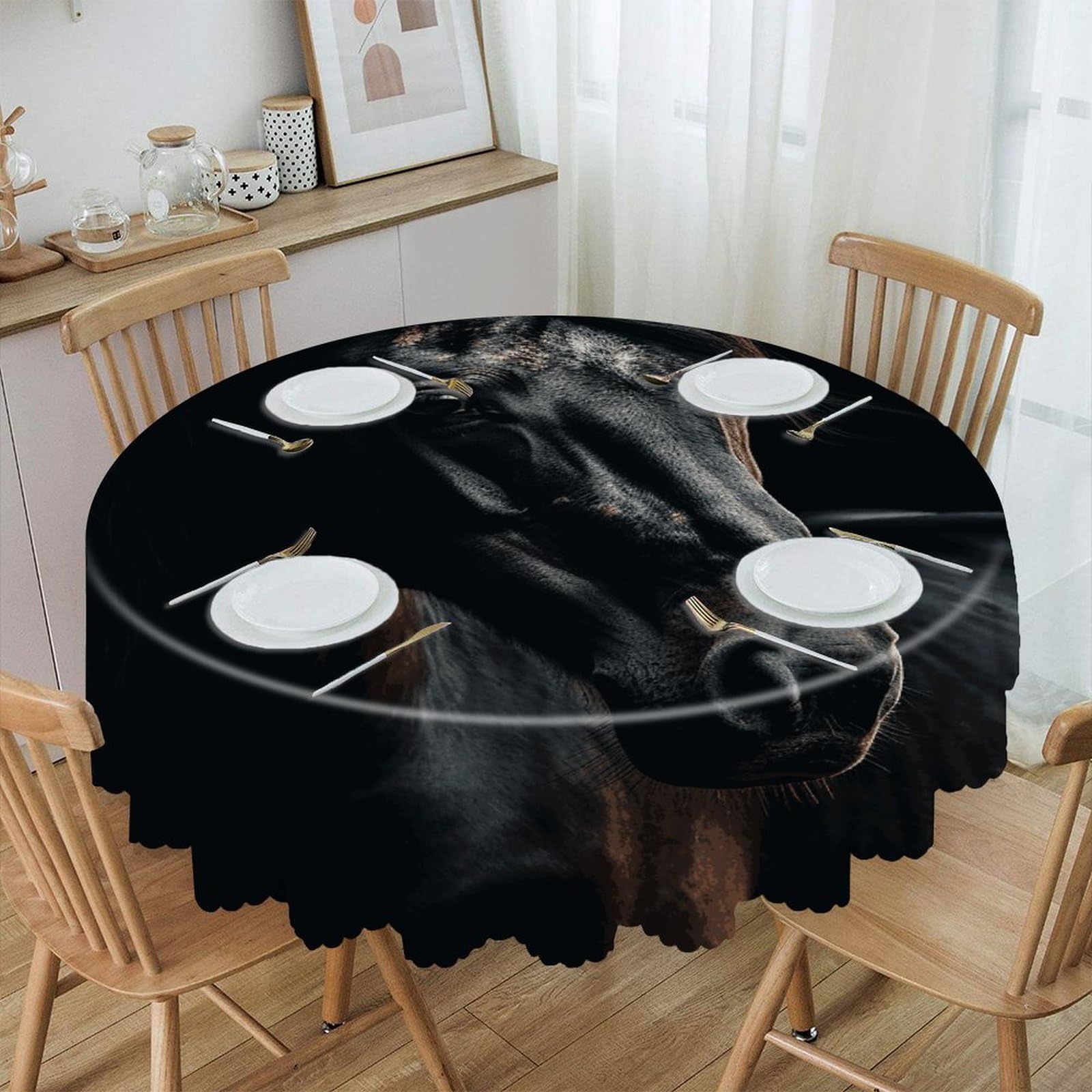 VstaDank A Dark Horse Round Tablecloth 60 Inch Easy to Clean Circle Table Cover Thick Decorative Round Polyester Table Cloth for Dining Kitchen Party Farmhouse Outdoor