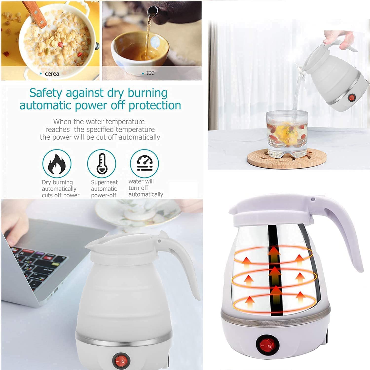 Hervidor eléctrico plegable, hervidor portátil de viaje de silicona de grado café té mini para hervir agua 600 ml caldera de calefacción de aislamiento tetera para acampar (blanco) práctico