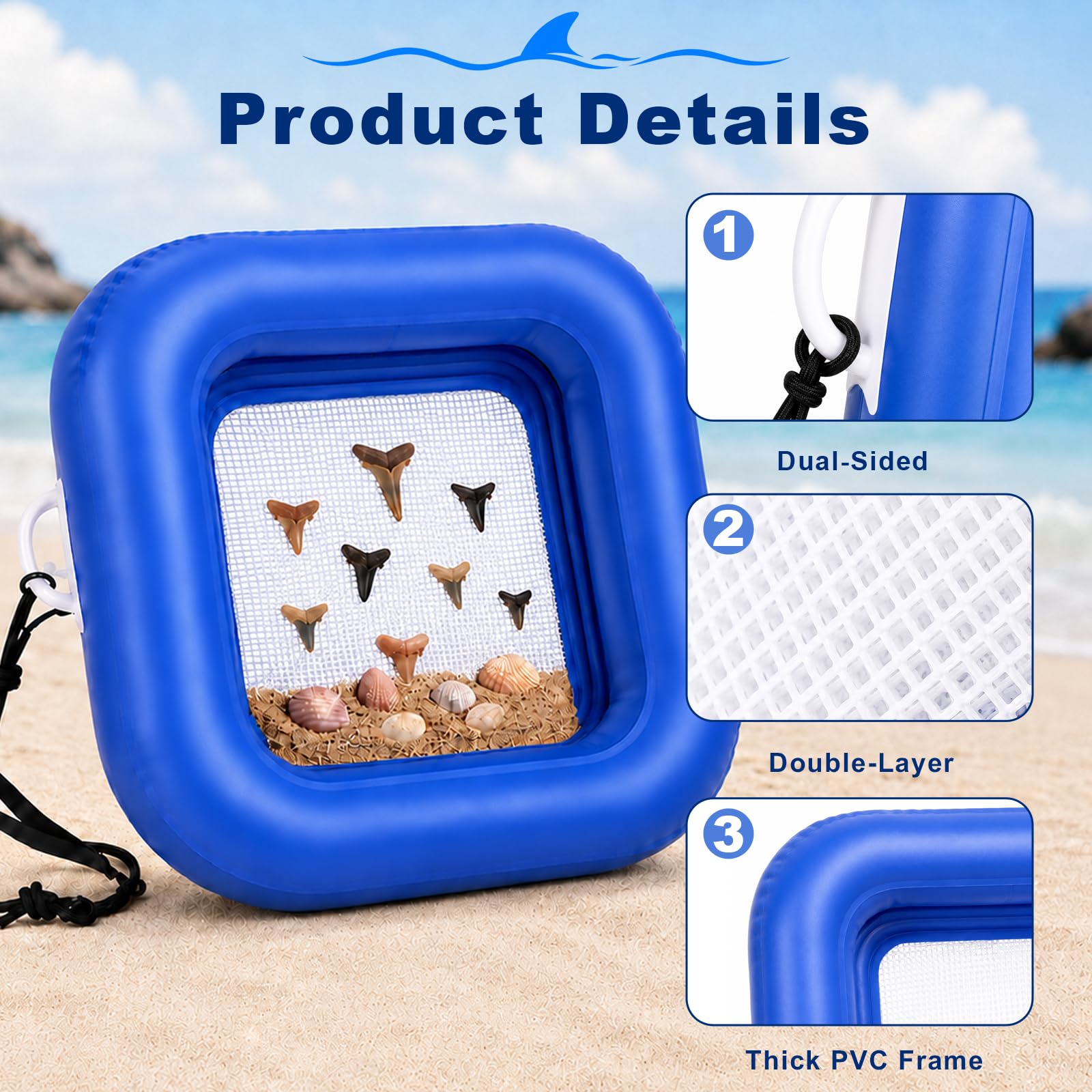 Juego de tamiz de dientes de tiburón extra grande, incluye pala negra, bolsa de playa, pala de malla de playa, malla de tamizado doble, tamiz de arena para dientes de tiburón y caza de fósiles