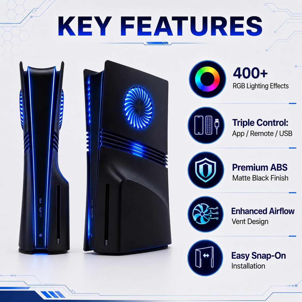 Piastra frontale per PS5 piastre laterali PlayStation 5 Disc Edition, accessorio di ricambio per console PlayStation 5 Disc Edition, copertura nera antigraffio e antipolvere (nero con LED Pro Disc
