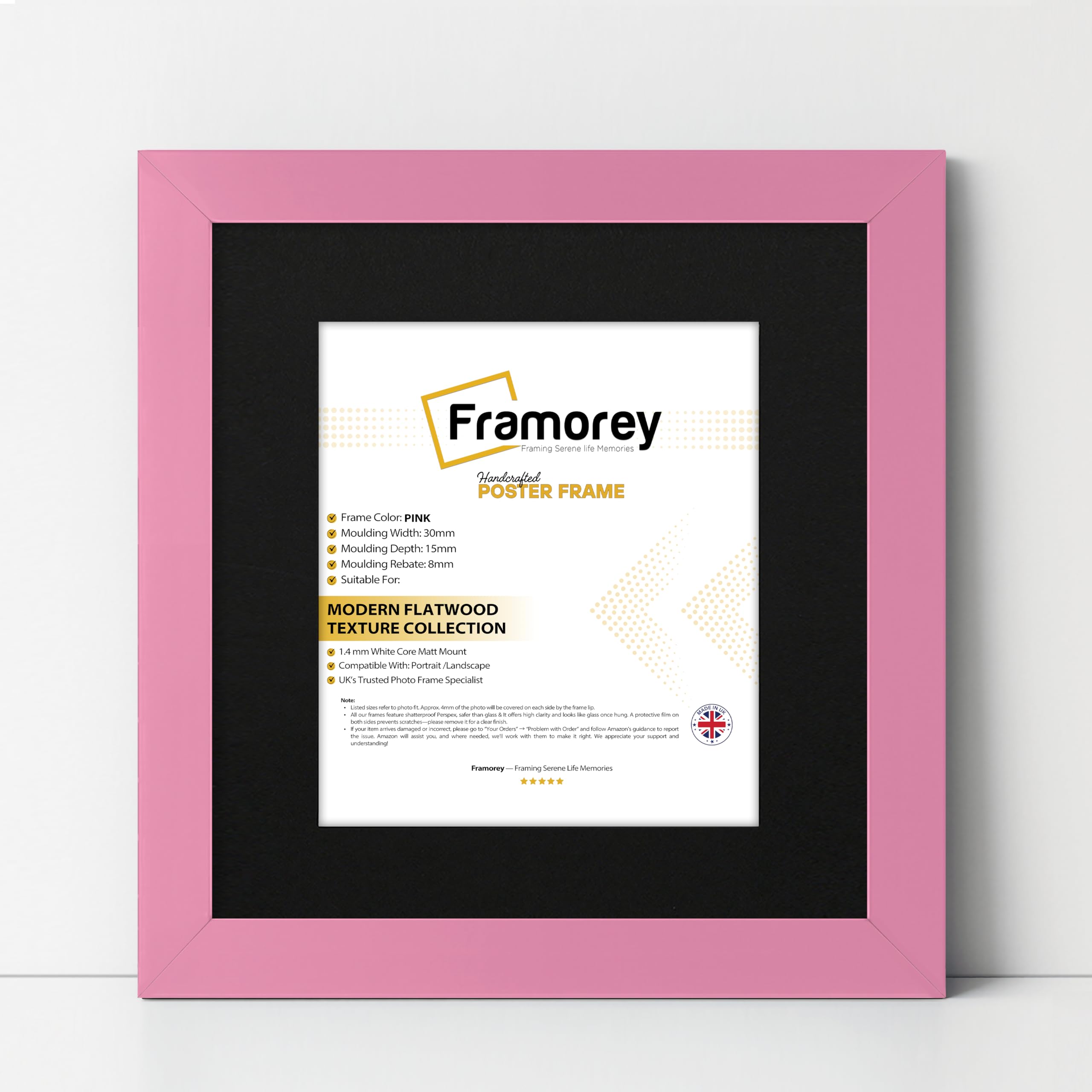 FRAMOREY Square Oxford Flat Wooden Effect Picture Frame, 11x11" Size Pink Photo Frame With 9x9" Size Black Mount, Photo Print Frame, Best Photo Frames For Birthday Gift