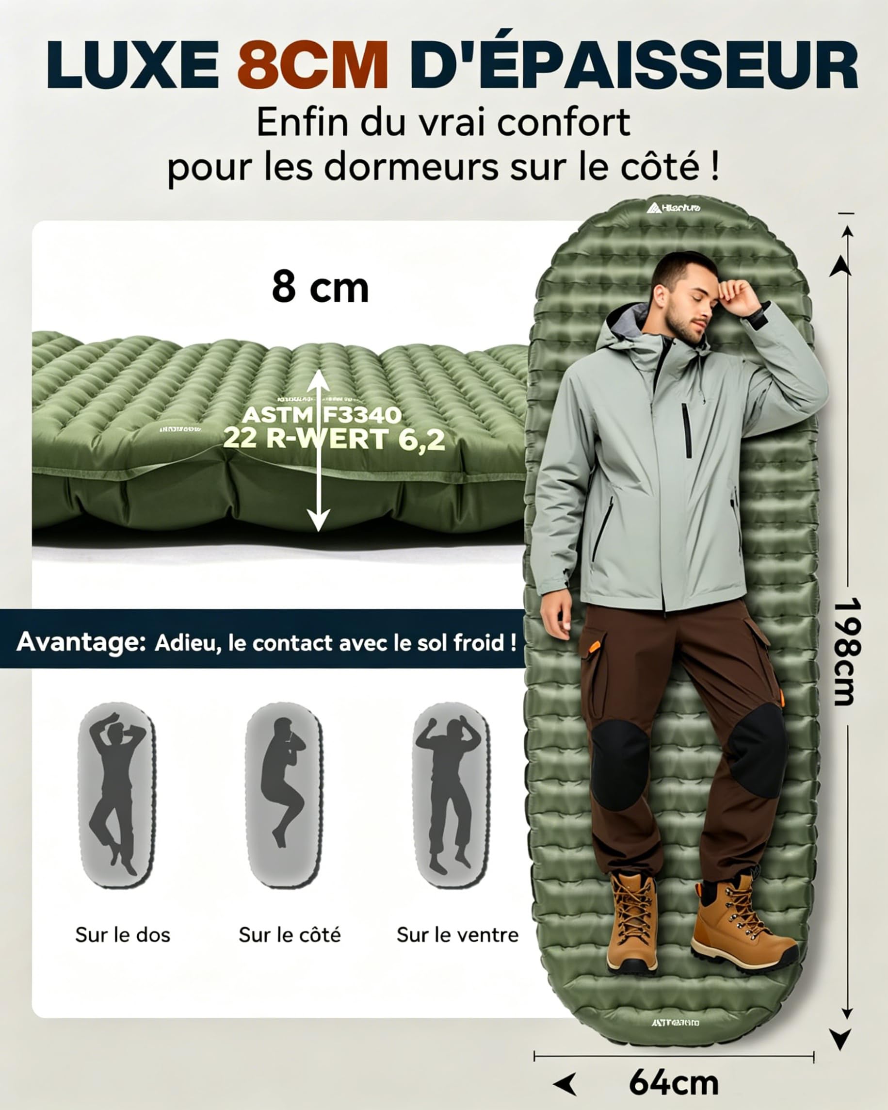 HIKENTURE Valeur-R 6.2 Matelas de Camping Ultra-léger 1 Personne Épais 8cm | Compact, Isolation 4 Saisons (-20℃) - Matelas Autogonflant avec Sac de Pompe - Pour Camping, randonnée, bivouac, tente - Vert