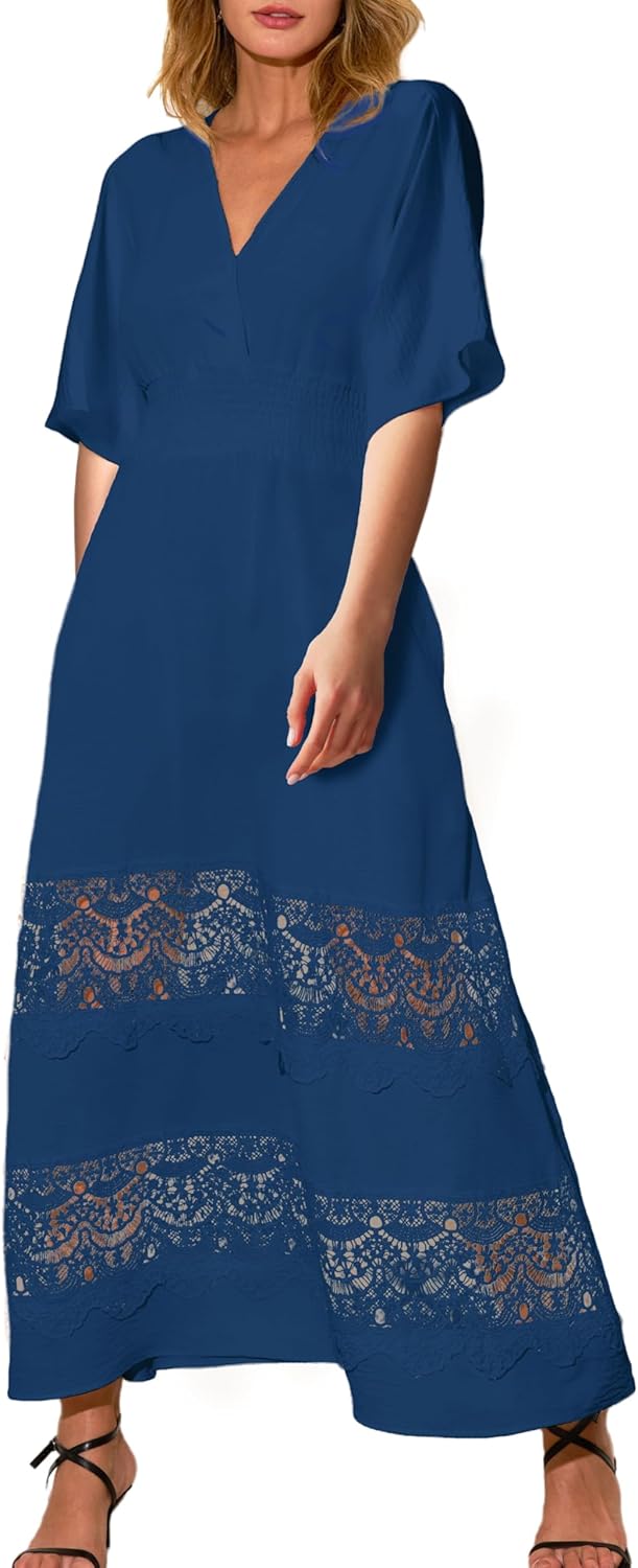 Women's Boho Maxi Dress Short Sleeve V Neck Long Flowy Dresses Smocked Waist Lace Wedding Guest Dress with Pockets
