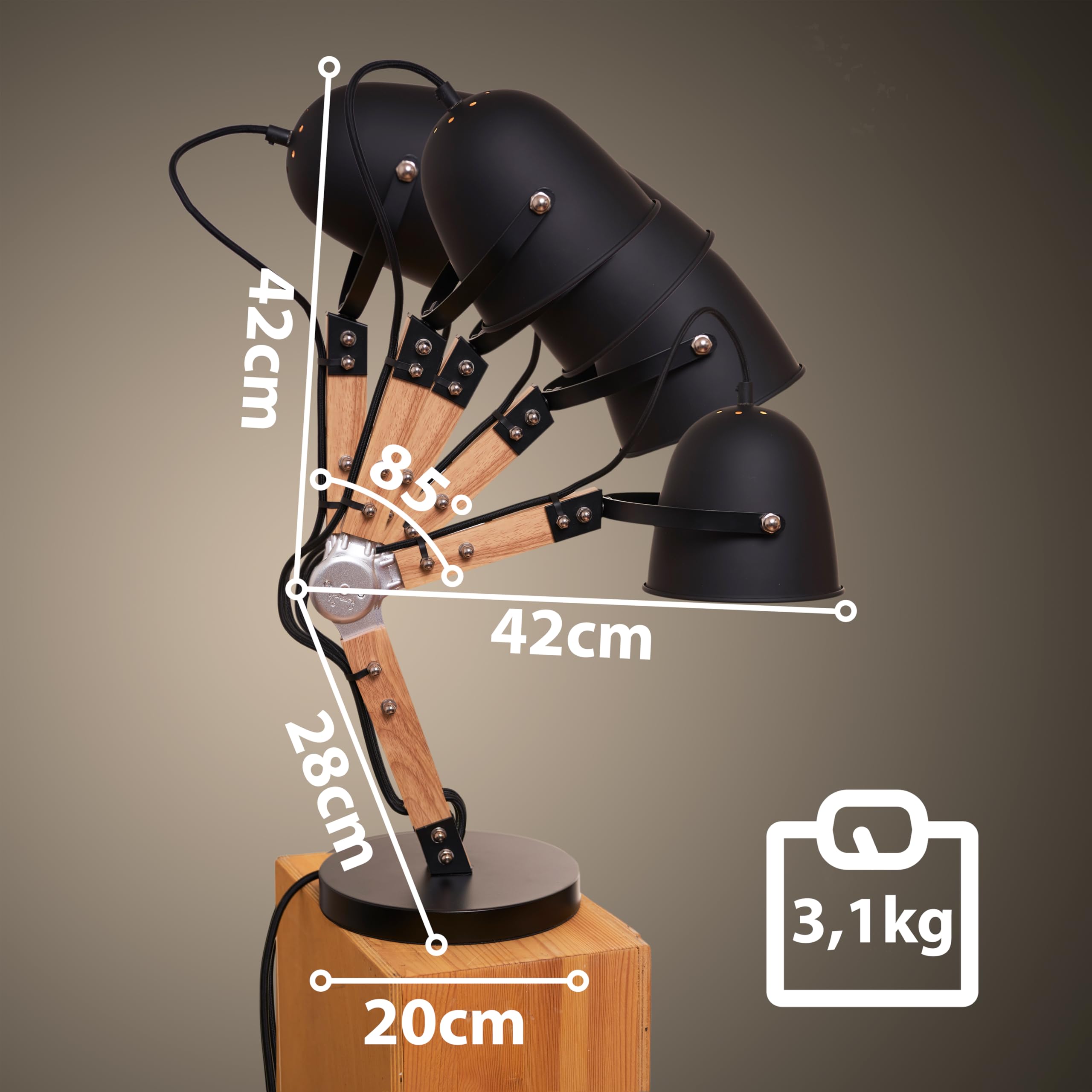 Opis TL1 : Vintage Style Tischlampe als klassische Nachttischlampe oder Industrial Retro Schreibtischlampe aus massiven Holz und Metall-teilen in Schwarz
